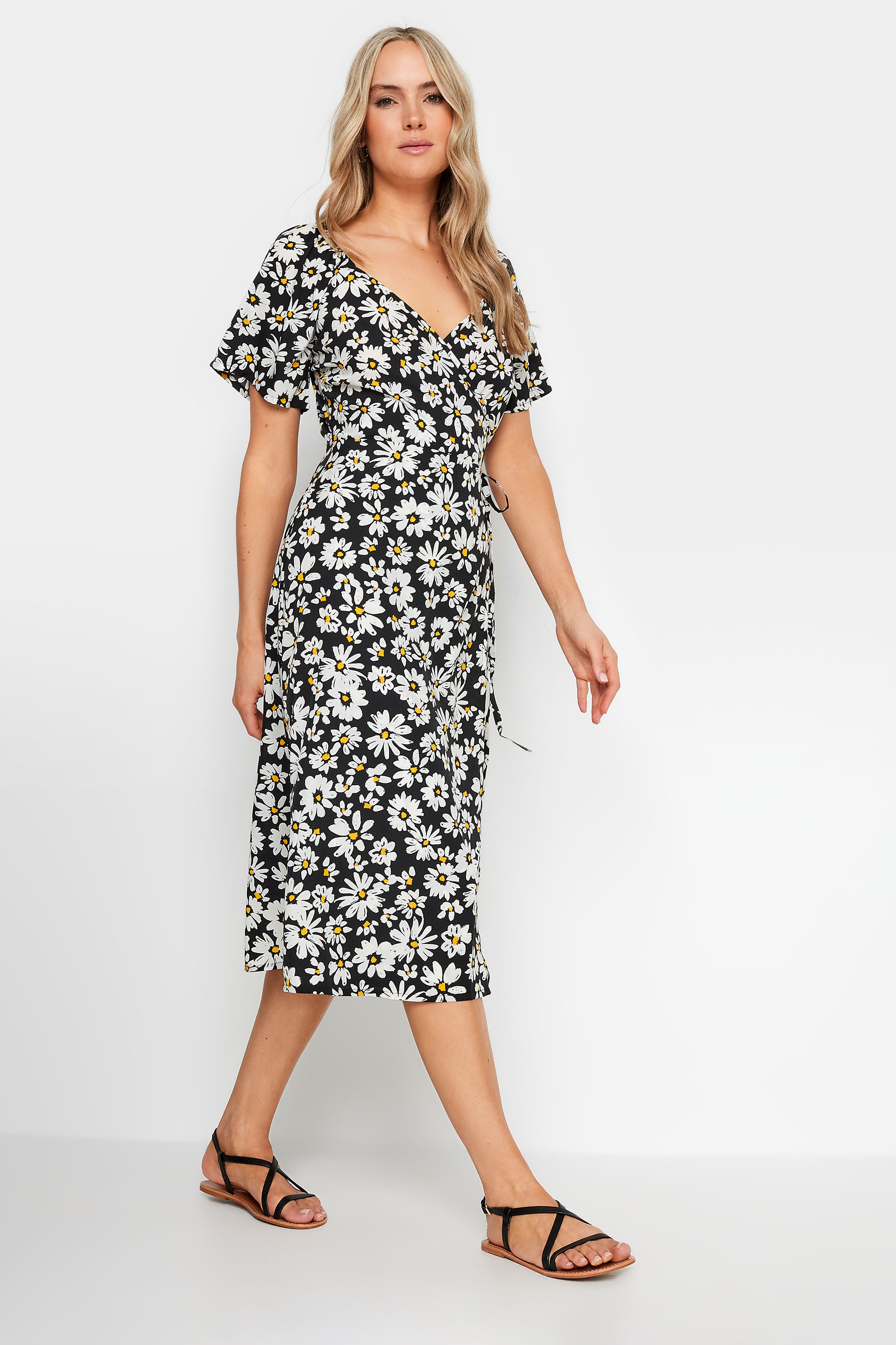 LTS Tall Women's Black Daisy Print Wrap Dress | Long Tall Sally 1