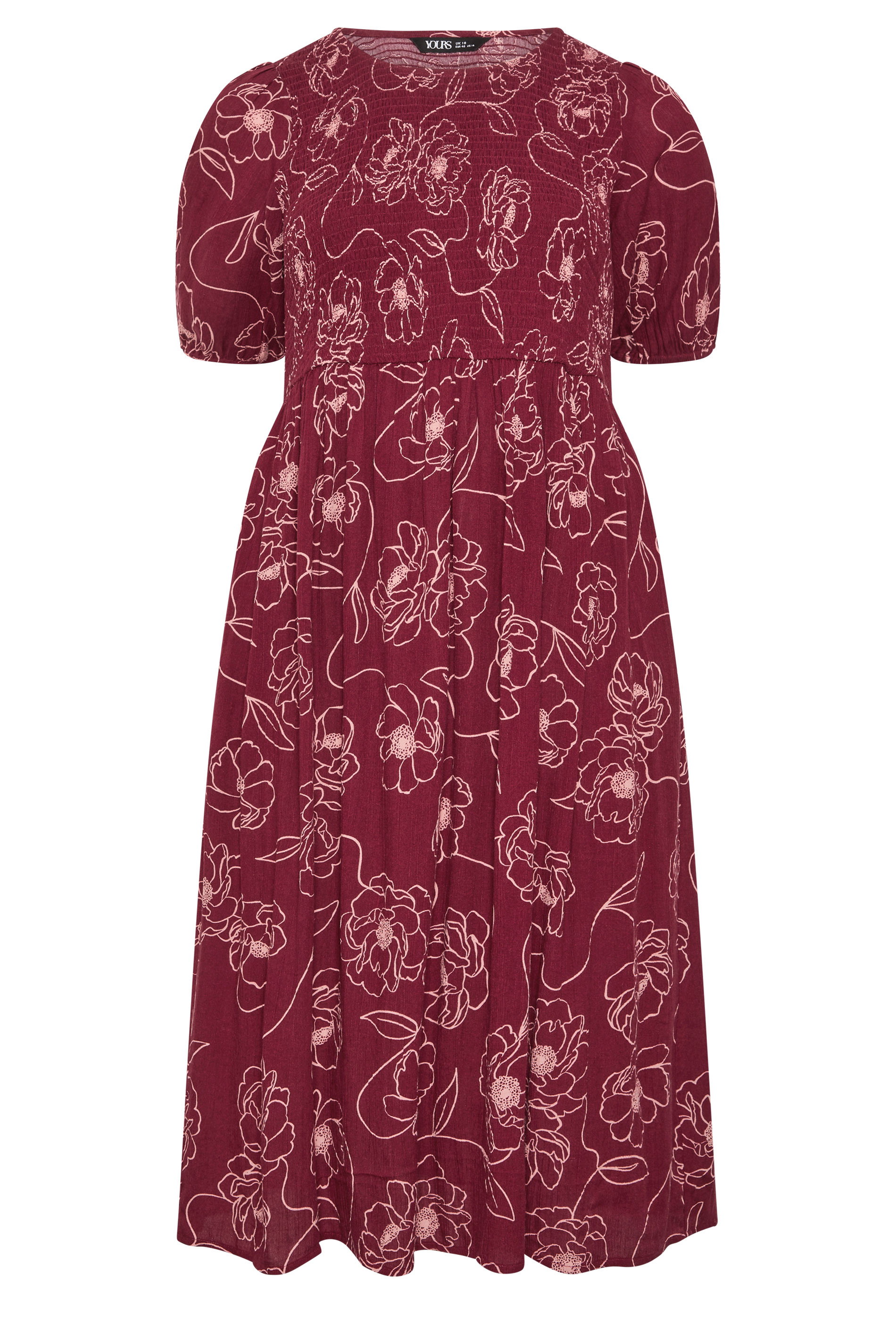 YOURS Plus Size Red Floral Swirl Puff Sleeve Shirred Dress  | Yours Clothing 5