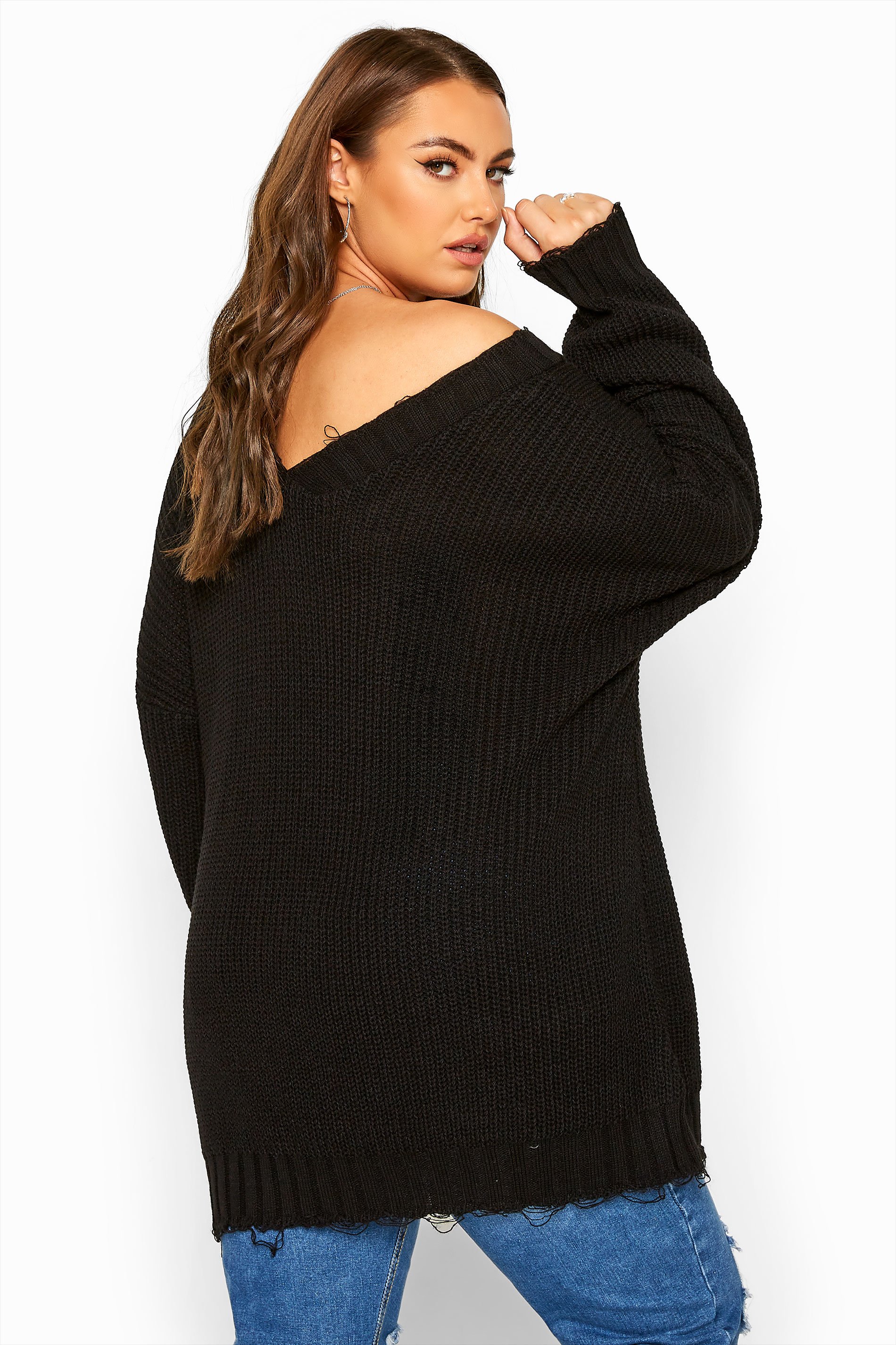 Black Distressed Oversized Knitted Jumper Yours Clothing