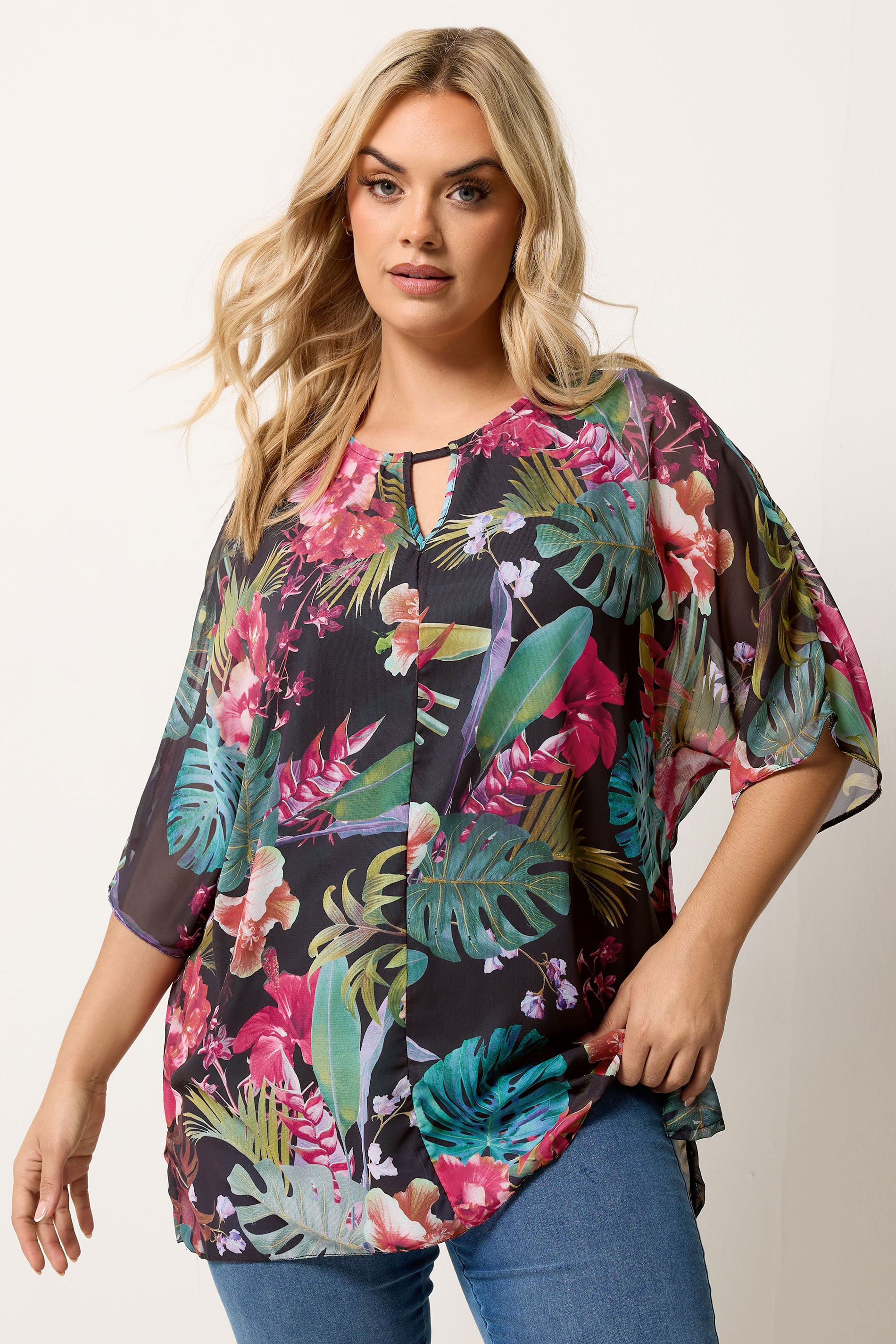 YOURS Plus Size Black Tropical Print Keyhole Detail Top | Yours Clothing 3