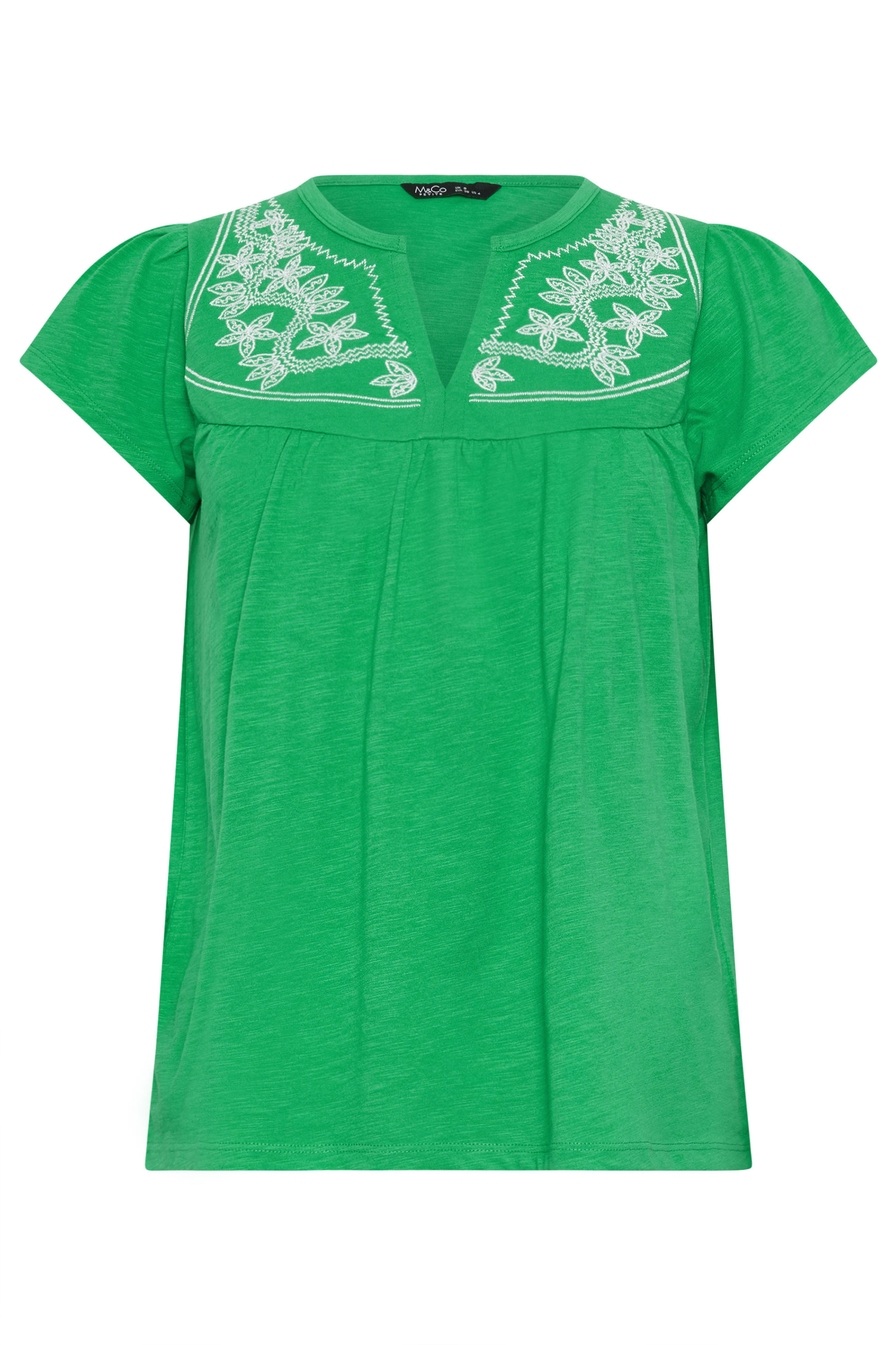 M&Co Petite Green Embroidered Cotton Notch Neck Top | M&Co 5