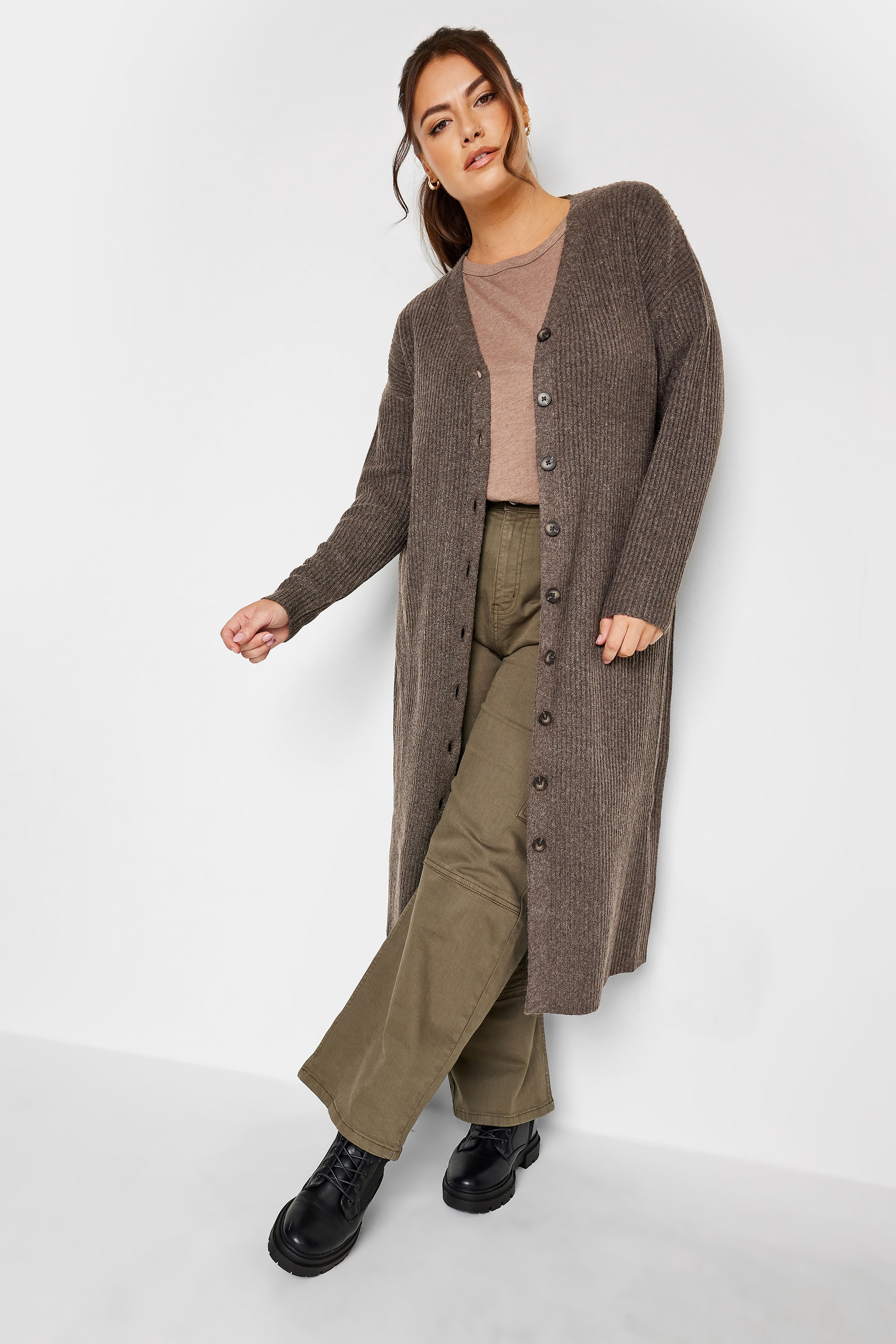 YOURS Plus Size Brown Ribbed Midi Cardigan | Yours Clothing 2