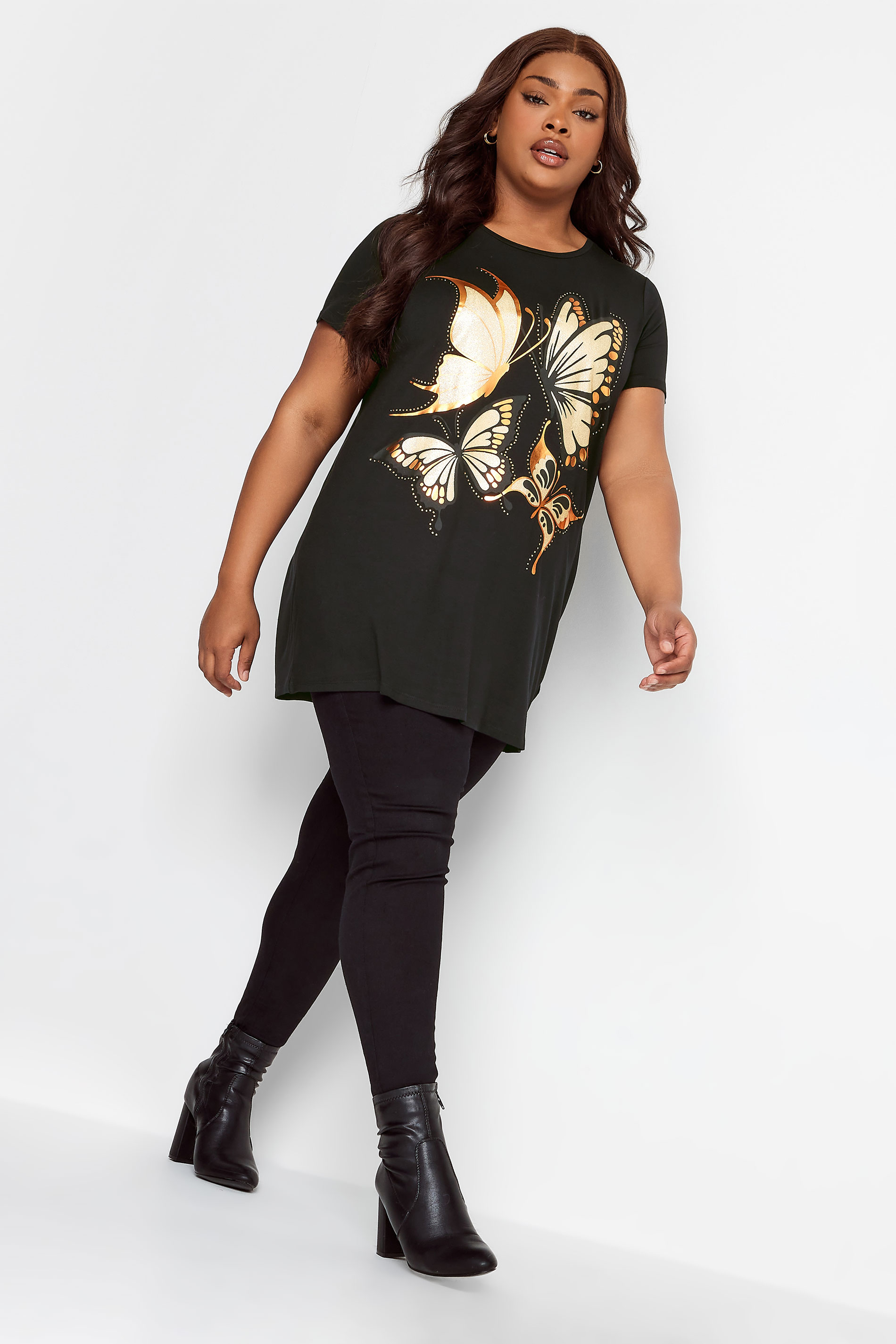 YOURS Plus Size Black Butterfly Print Glitter T-Shirt | Yours Clothing  2
