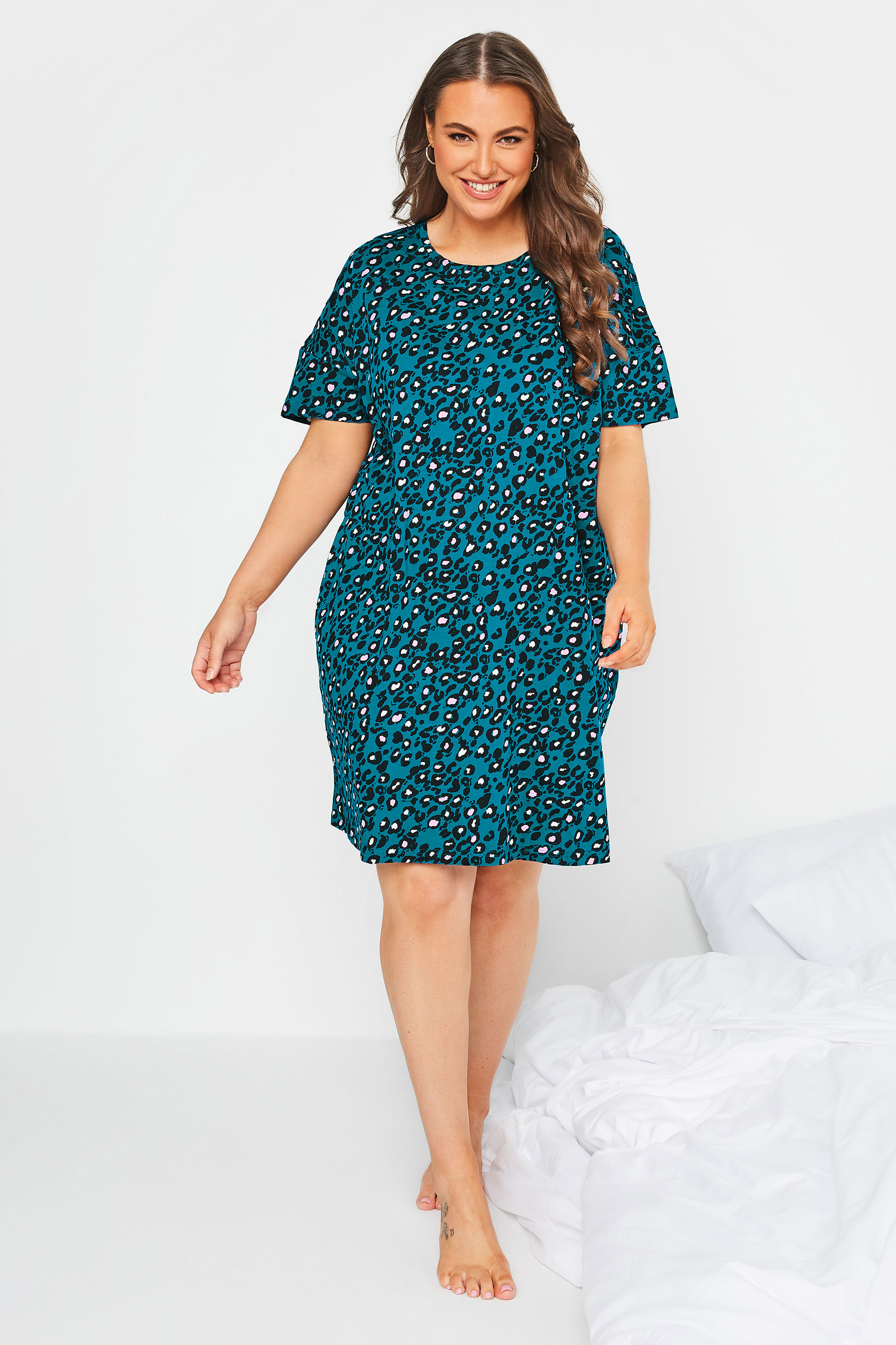 Plus Size Teal Green Leopard Print Sleep Tee Nightdress | Yours Clothing 1