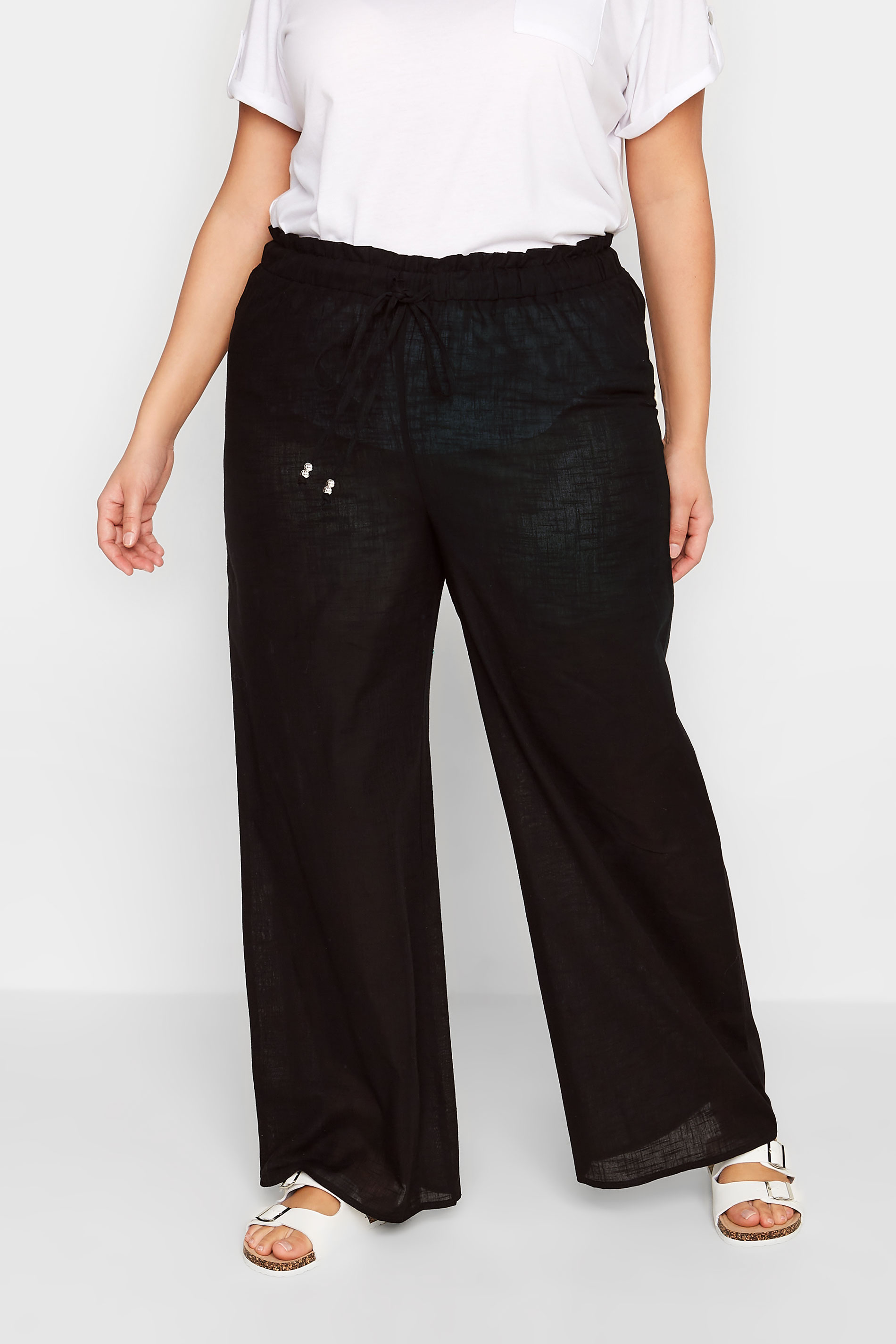 LTS Tall Black Cotton Wide Leg Beach Trousers | Long Tall Sally  1