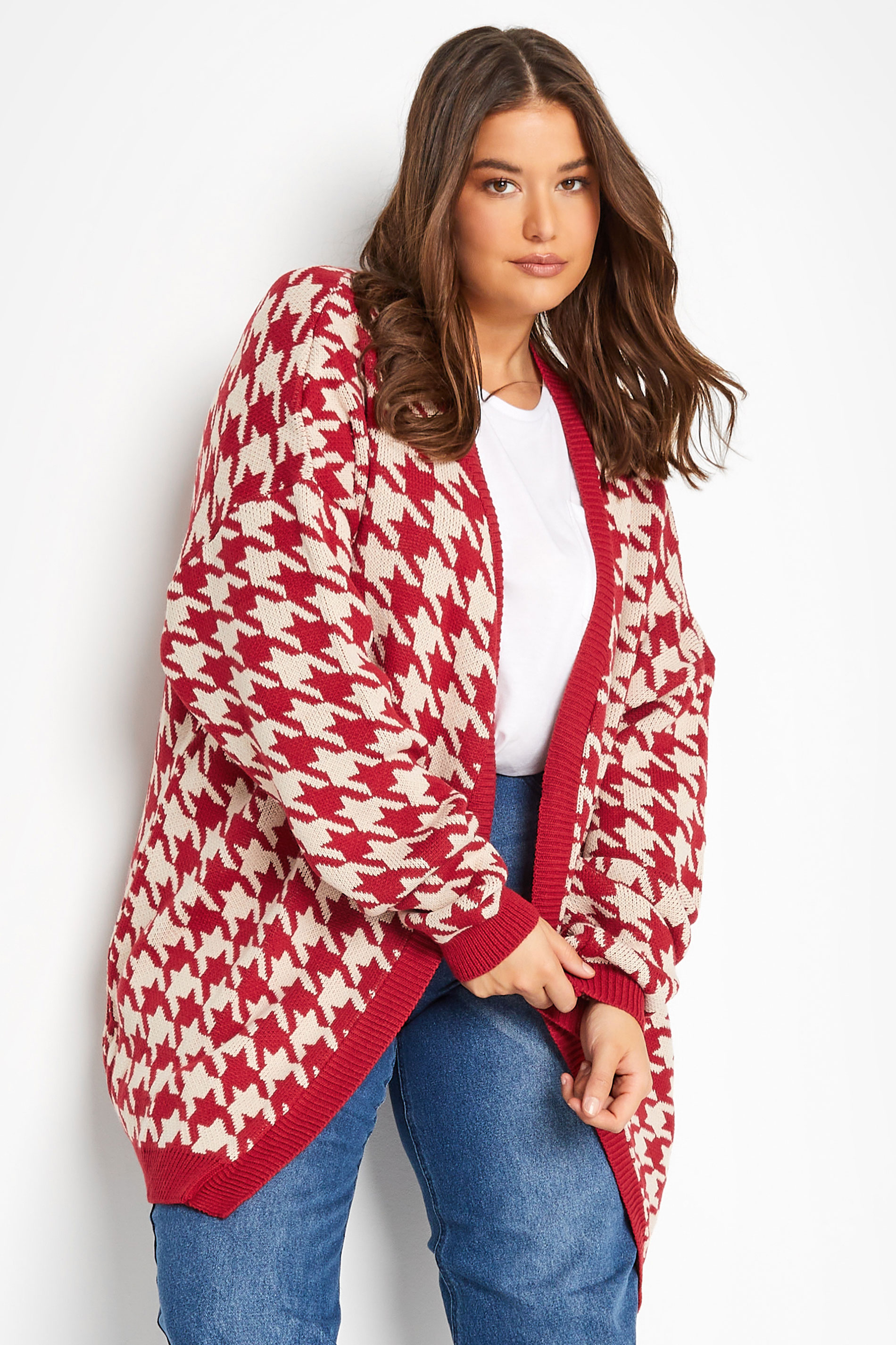 Tall Women's LTS Red Dogtooth Check Cardigan | Long Tall Sally 1
