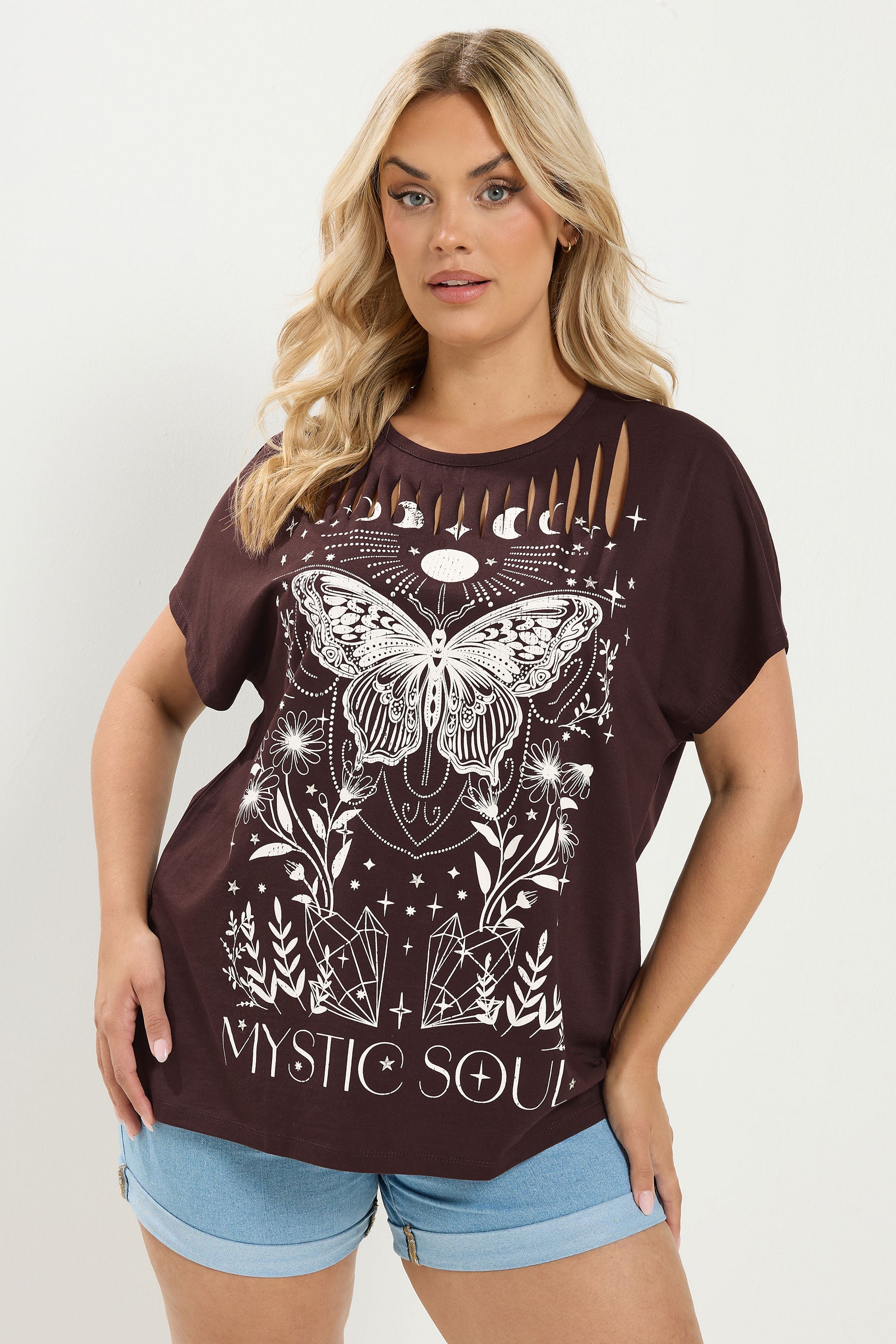 YOURS Plus Size Brown 'Mystic Soul' Laser Cut Slogan T-Shirt | Yours Clothing 3