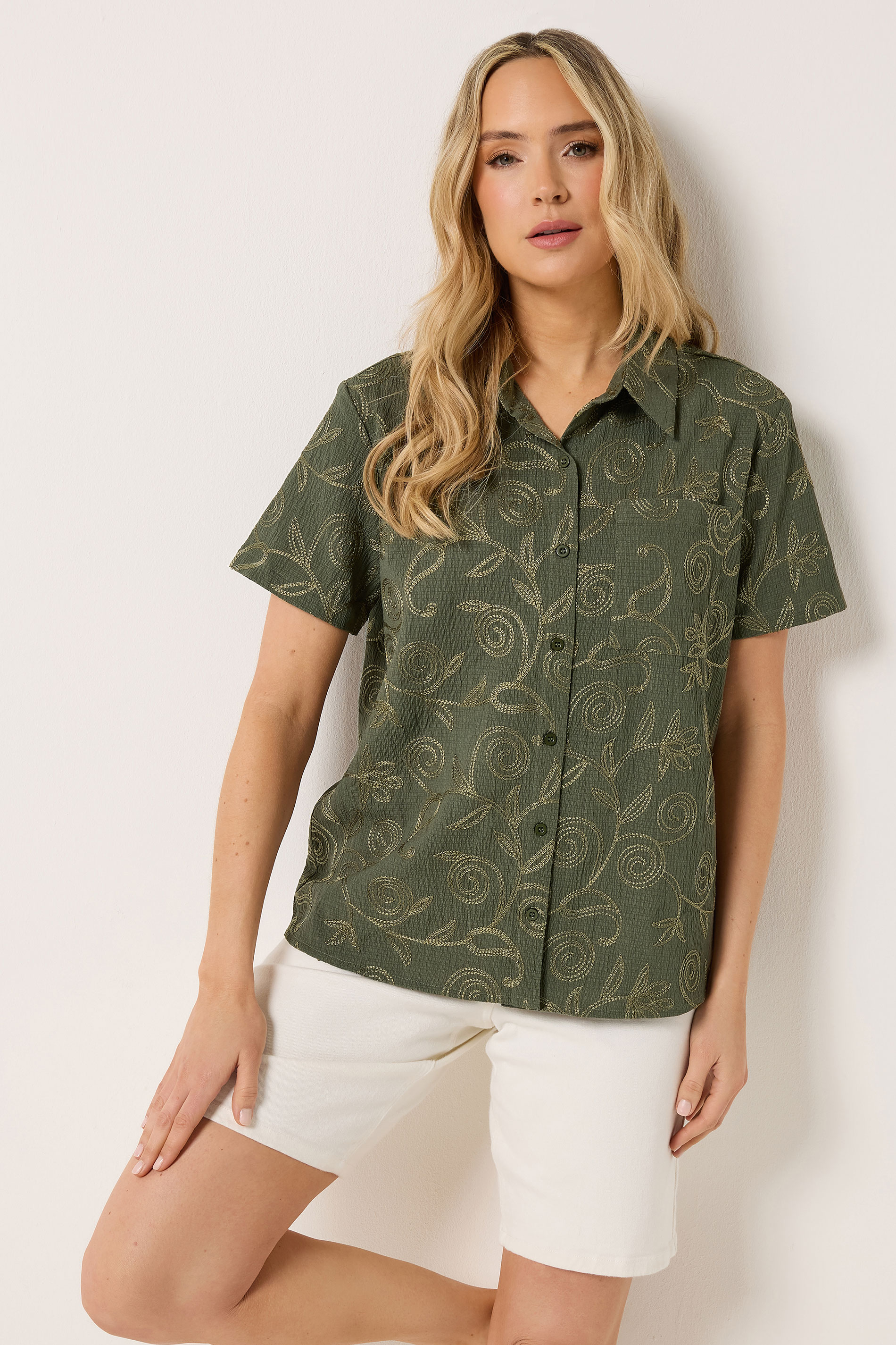 LTS Tall Women's Olive Green Floral Embroidered Shirt | Long Tall Sally 2