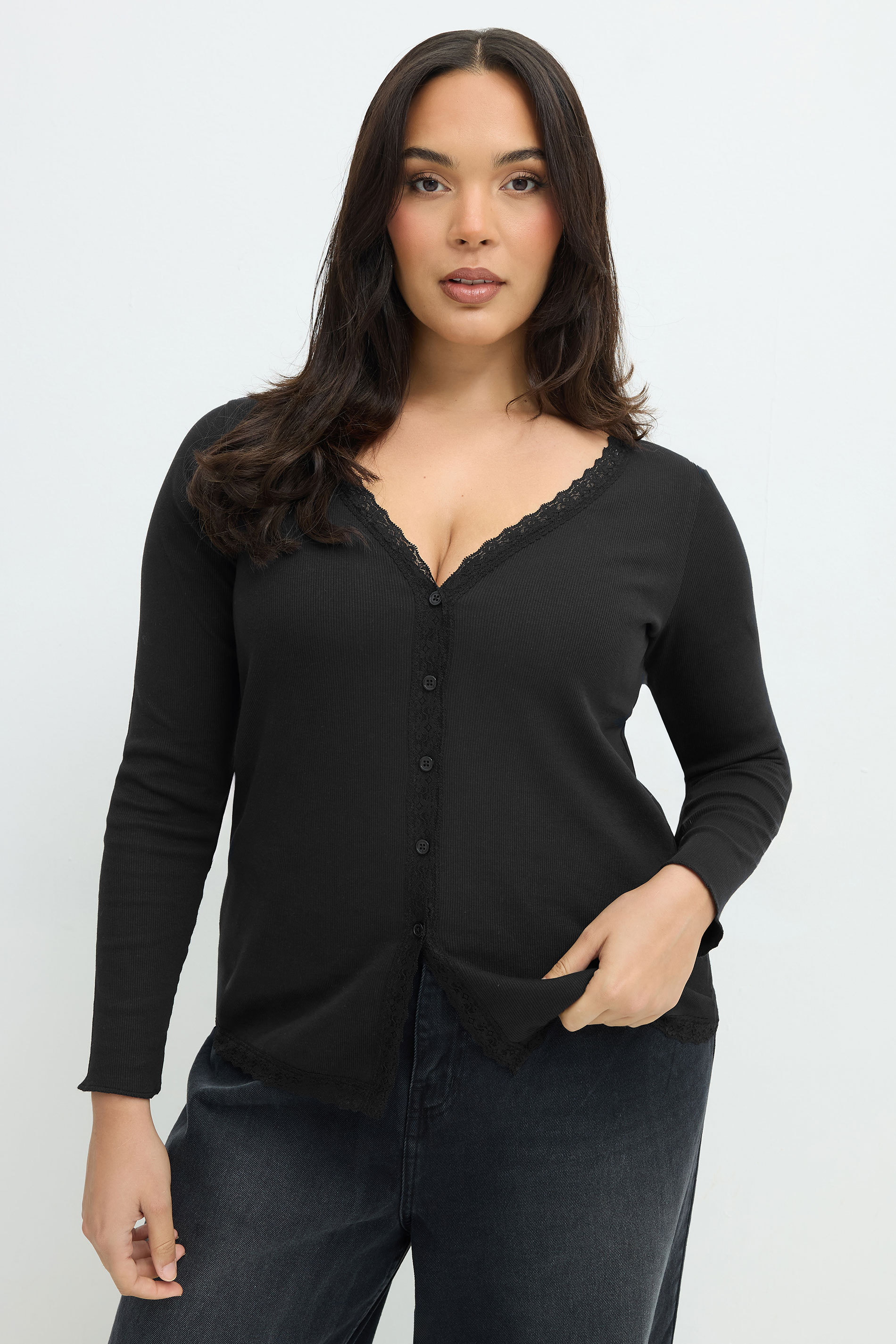 Limited Collection Zwarte Top Met Kanten Rand En Lange Mouwen Size 38