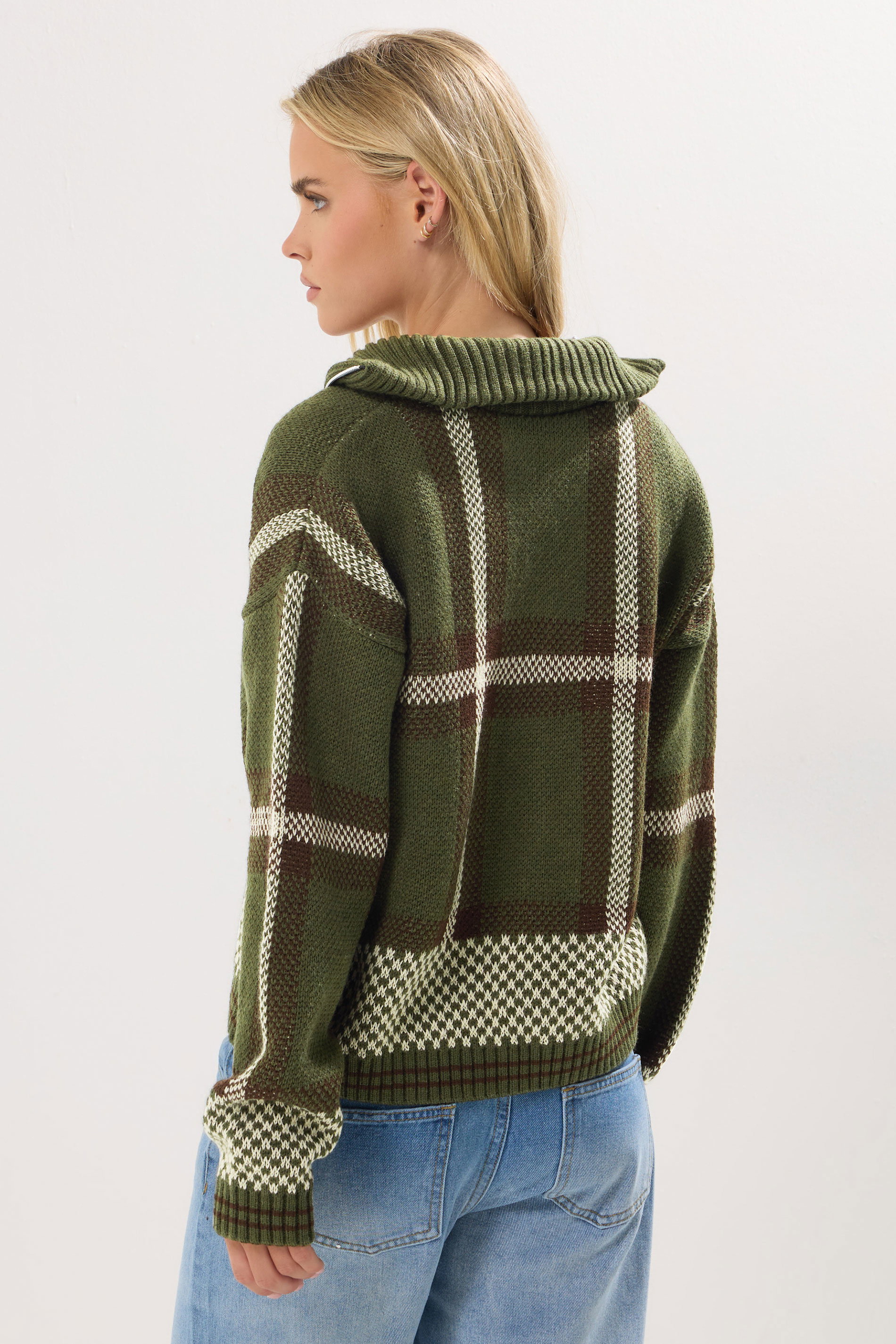 PixieGirl Petite Women's Green Knitted Check Zip Cardigan | PixieGirl 2
