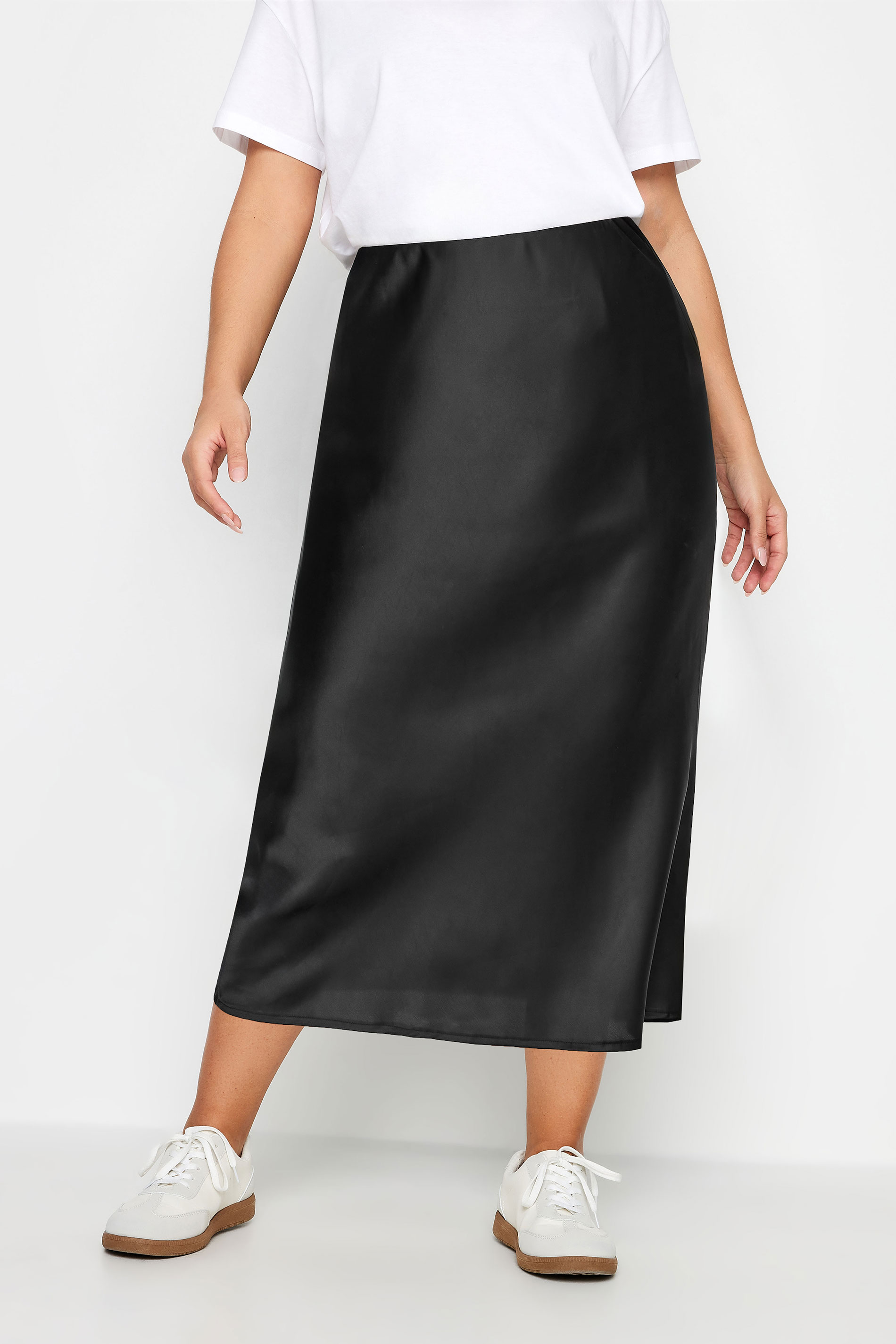 YOURS Plus Size Black Satin Midi Skirt | Yours Clothing 2