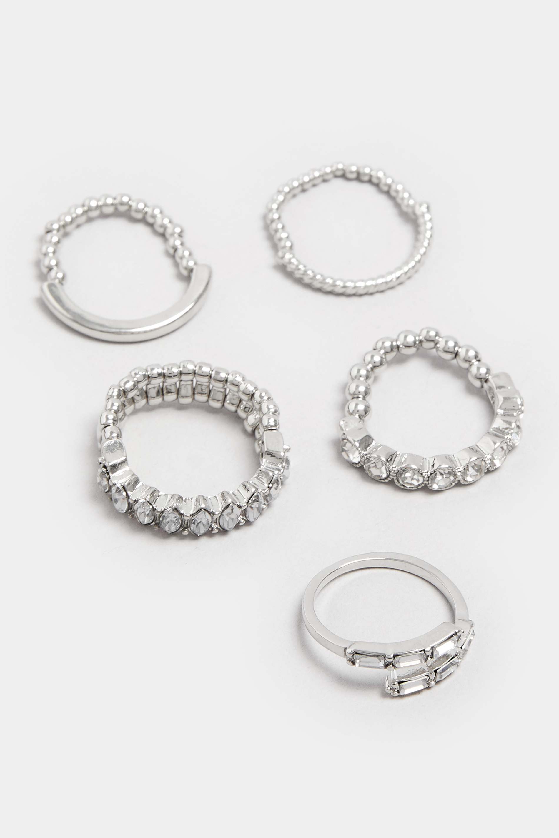 5 PACK Silver Tone Diamante Textured Stretch Rings | Yours Clothing 2