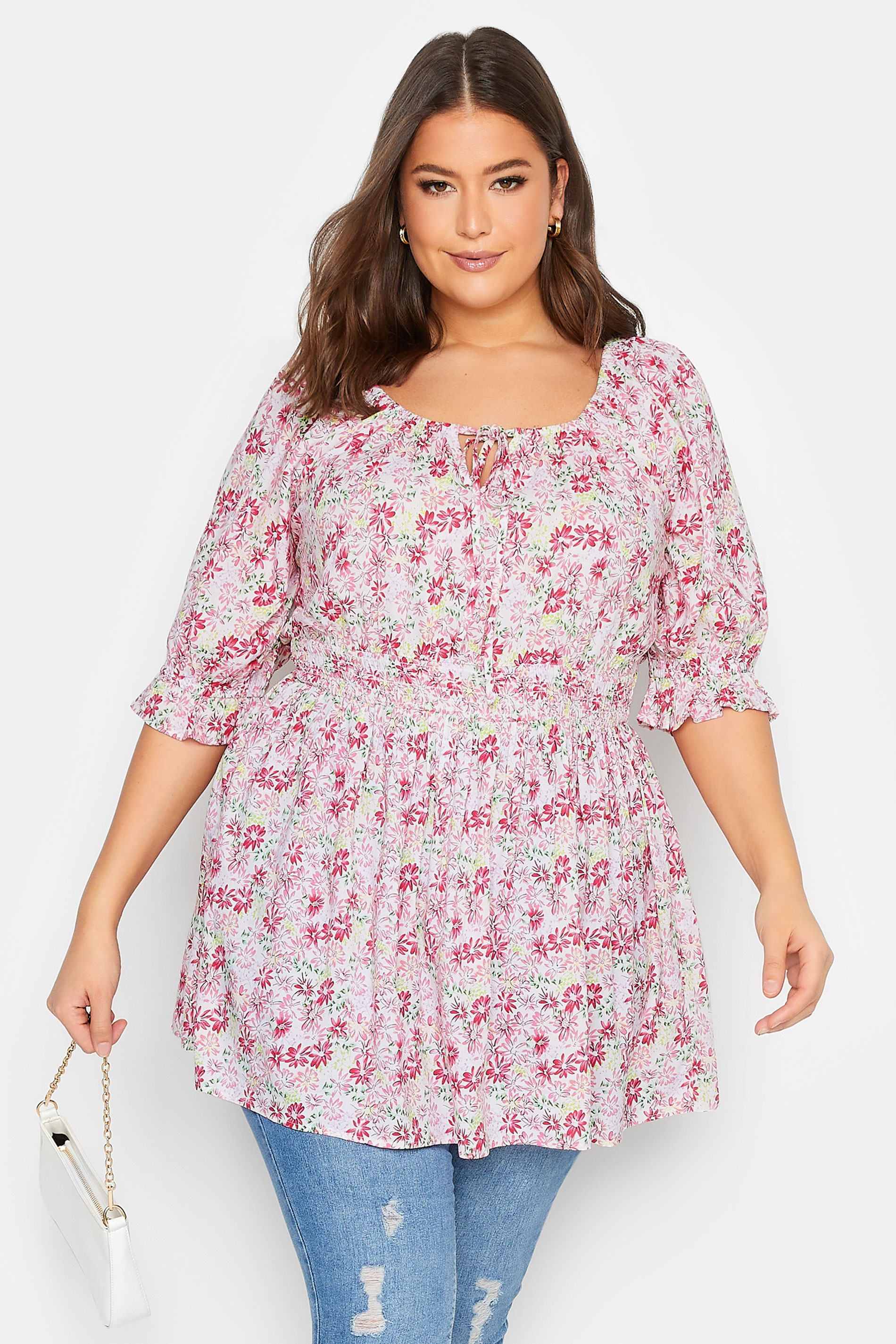 YOURS Plus Size White Floral Print Shirred Waist Gypsy Top | Yours Clothing 1