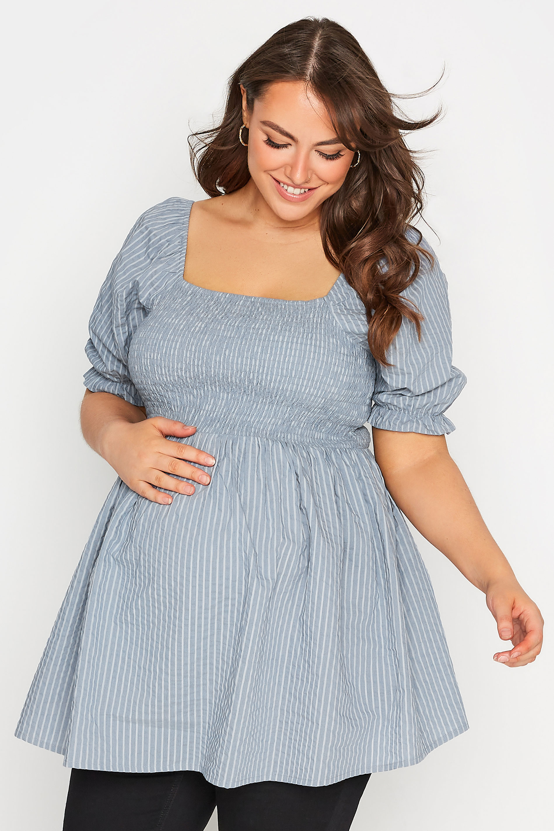 BUMP IT UP MATERNITY Plus Size Blue Stripe Print Shirred Smock Top | Yours Clothing 1