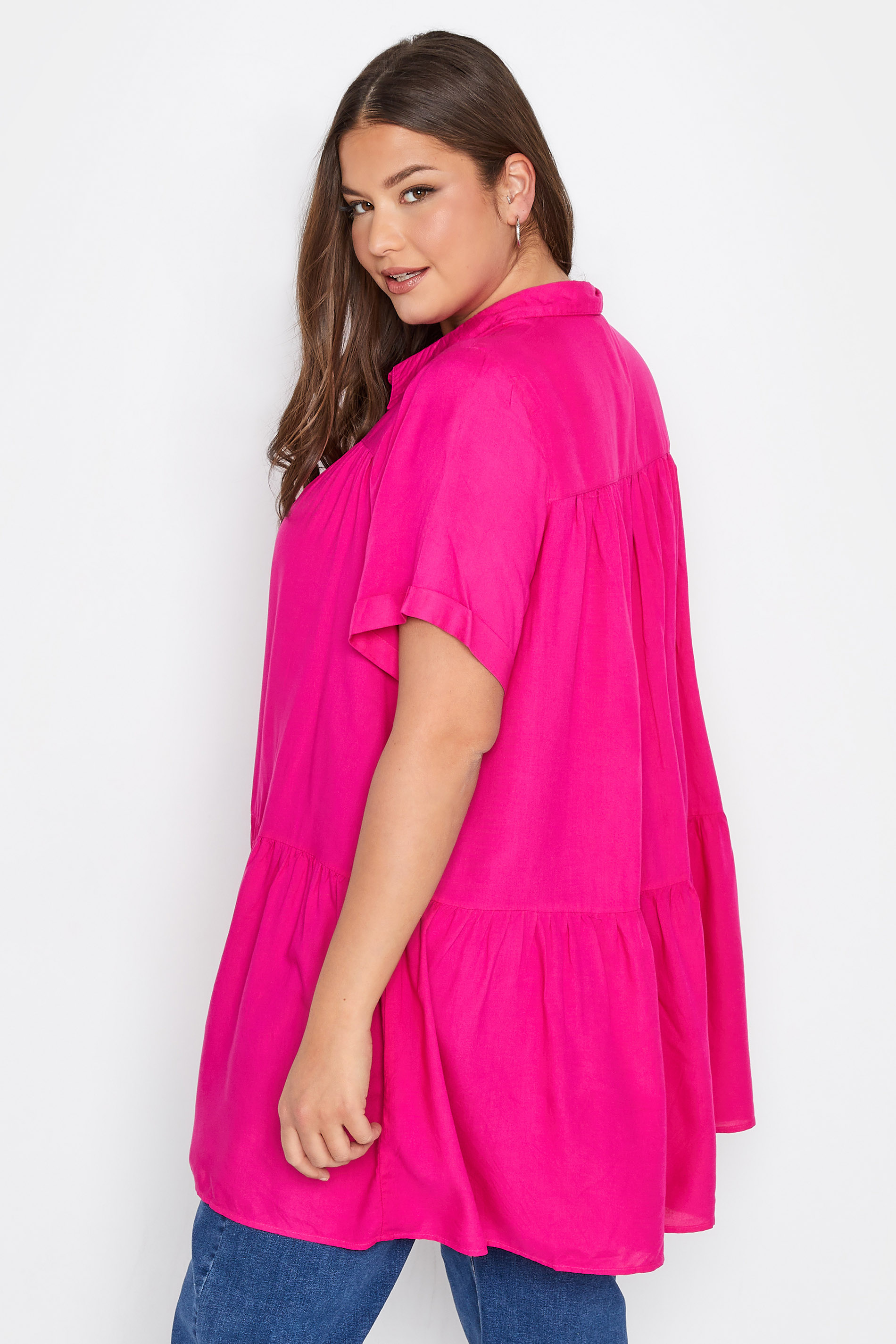 Plus Size Hot Pink Tiered Smock Shirt | Yours Clothing  3