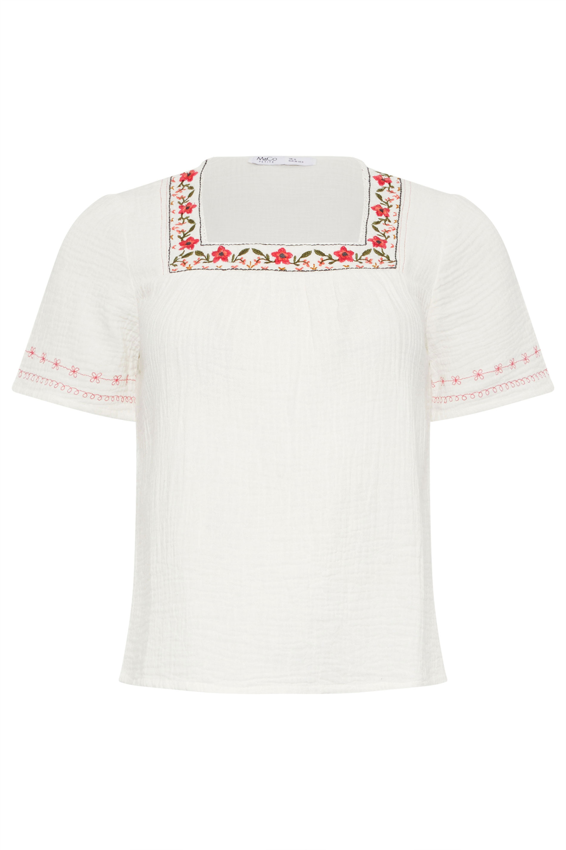 M&Co Petite White Floral Embroidered Cotton Square Neck Blouse | M&Co 5