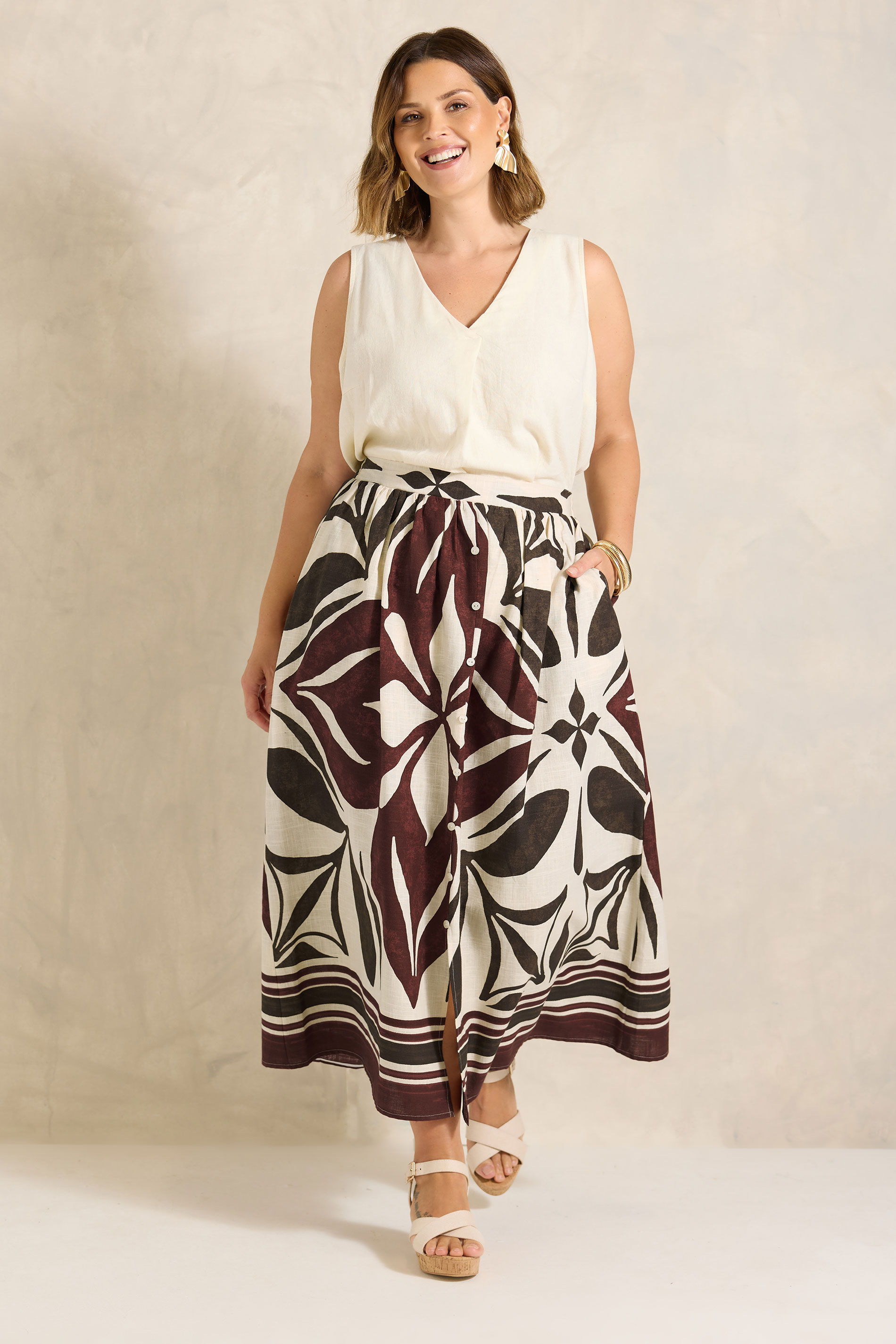 EVANS Plus Size Cream & Brown Abstract Print Cotton Skirt | Evans 3