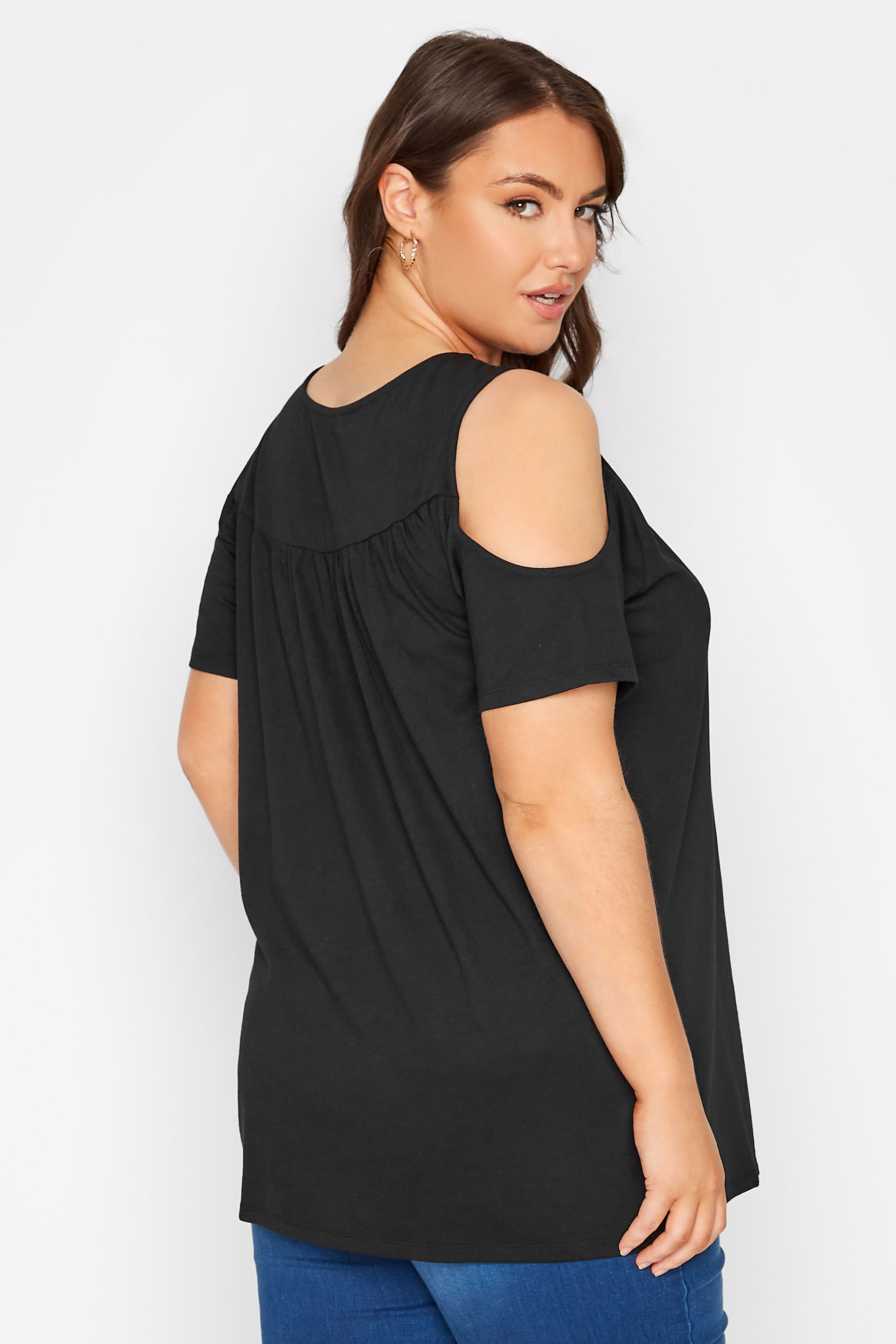 Plus Size Black Lace Detail Cold Shoulder Top | Yours Clothing 3