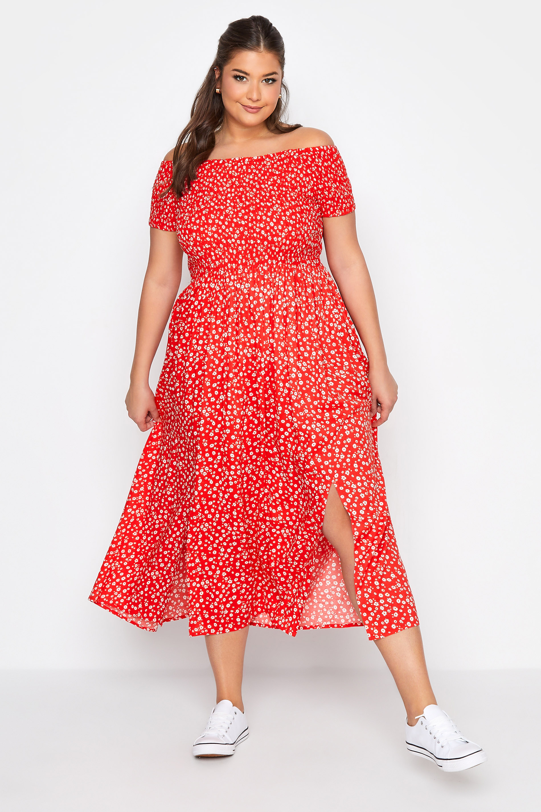 Curve Red Ditsy Shirred Bardot Midaxi Dress 1