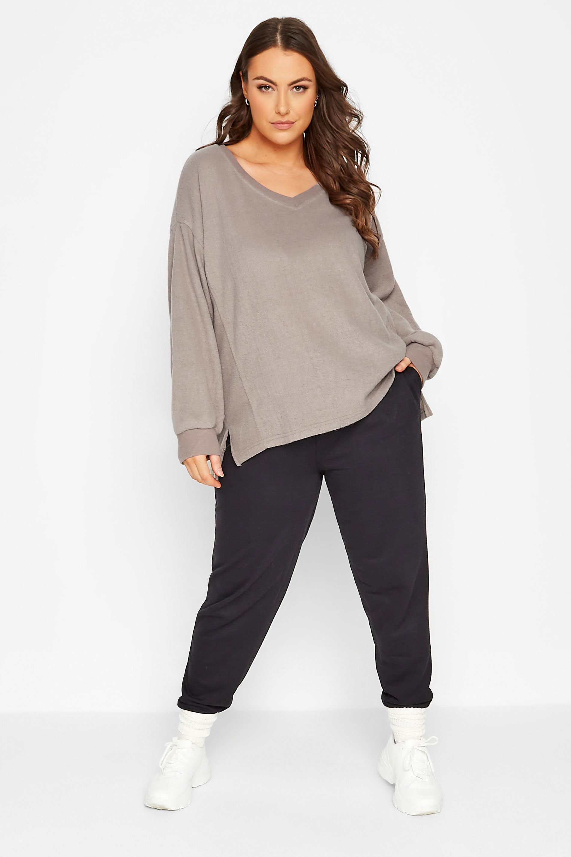 Plus Size Mocha Brown V-Neck Soft Touch Fleece Sweatshirt | Yours Clothing 2
