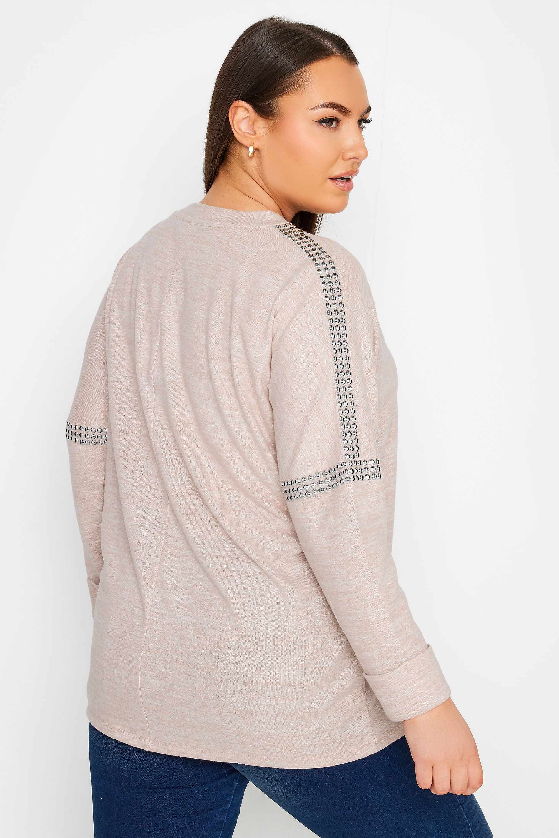 YOURS Plus Size Light Pink Stud Batwing Sleeve Jumper | Yours Clothing 3