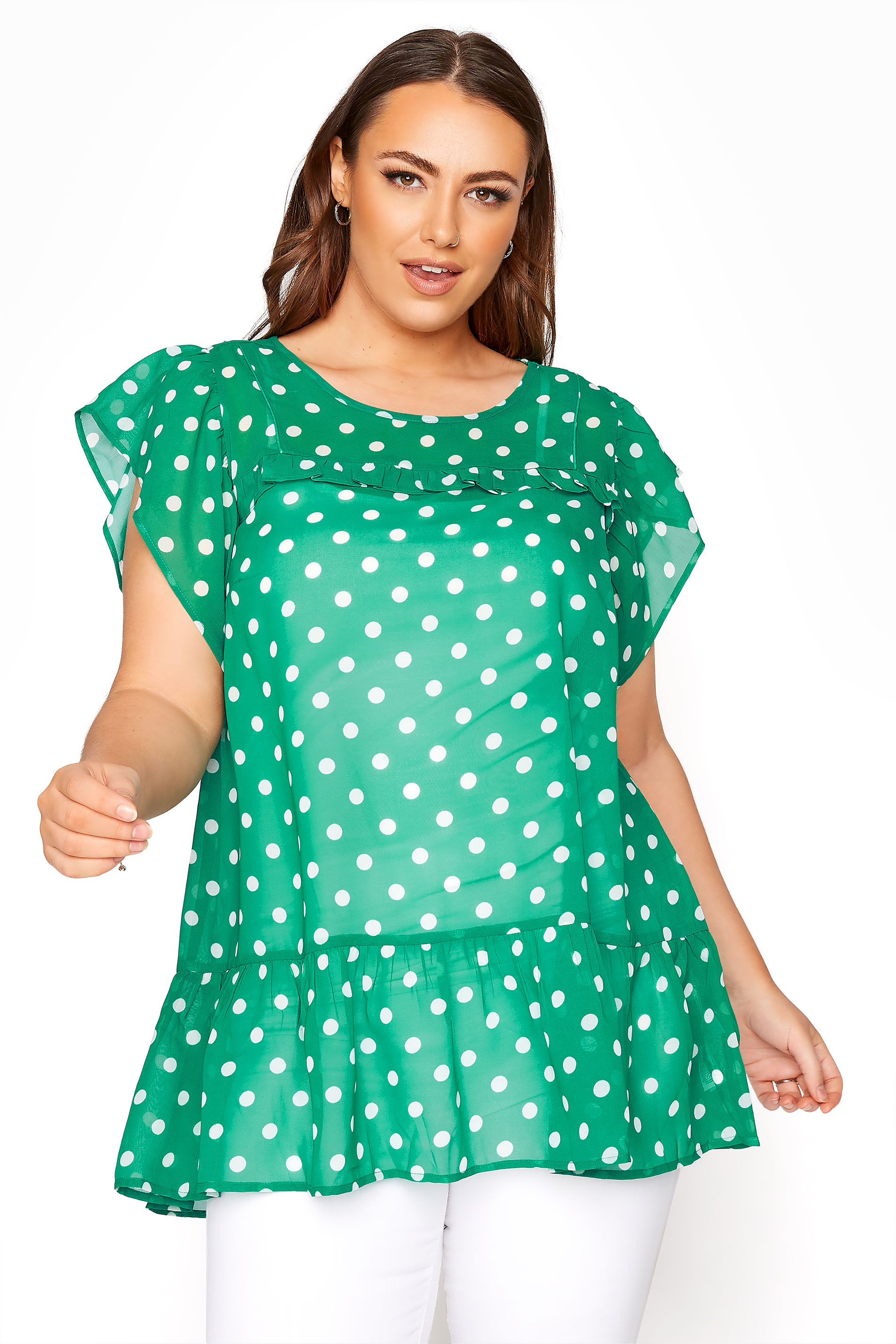 Emerald Green Polka Dot Frill Hem Tunic | Yours Clothing