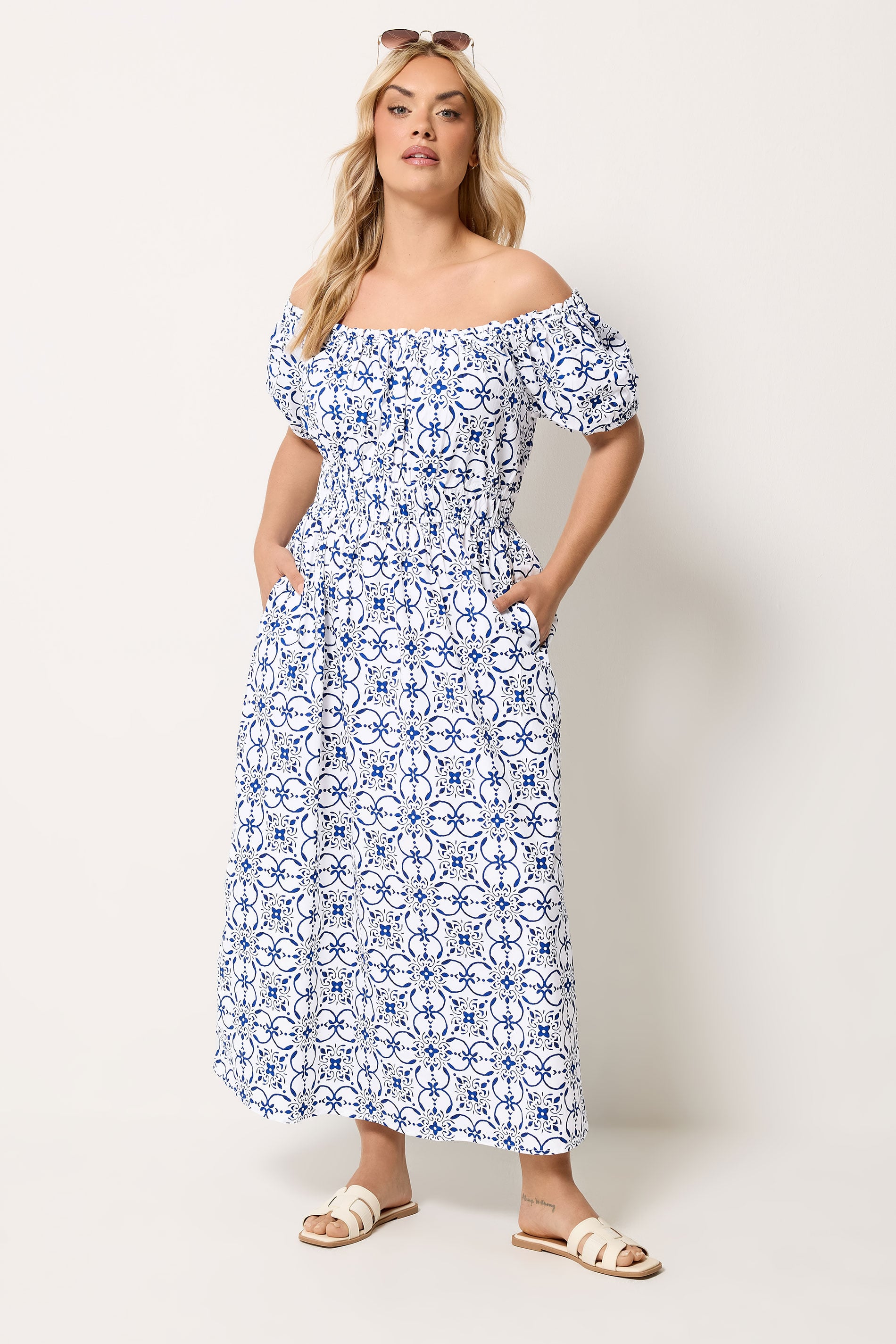 YOURS Plus Size White Floral Poplin Bardot Dress | Yours Clothing 1