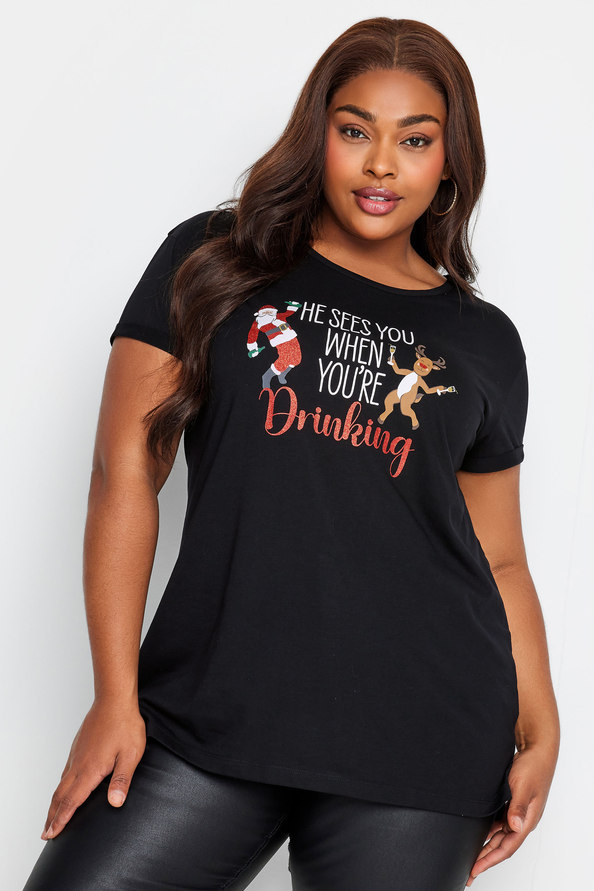 YOURS Curve Plus Size Black 'He See's You When You're Drinking' Christmas T-Shirt | Yours Clothing  1