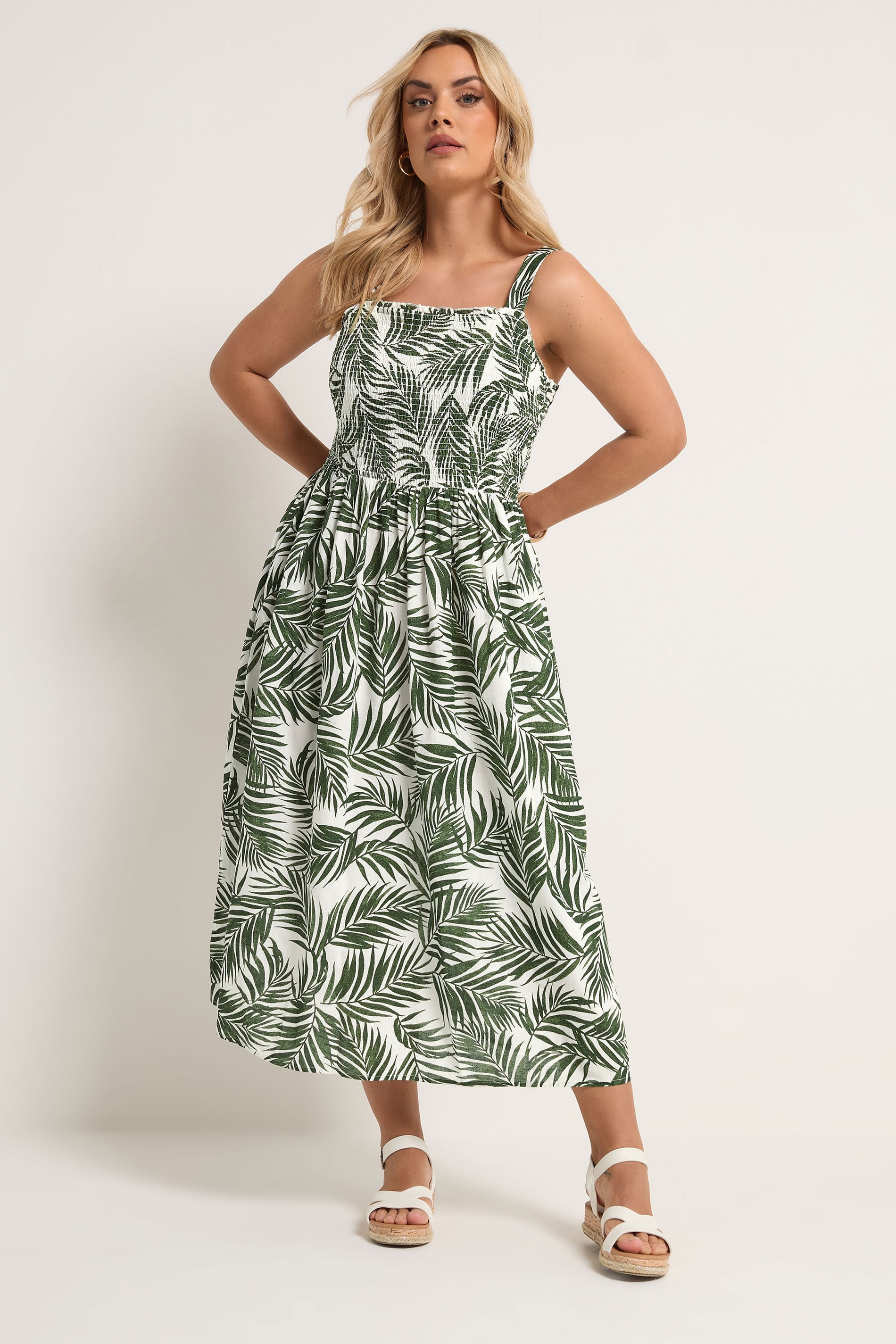 YOURS Plus Size Green Palm Leaf Shirred Linen Maxi Dress | Yours Clothing 1