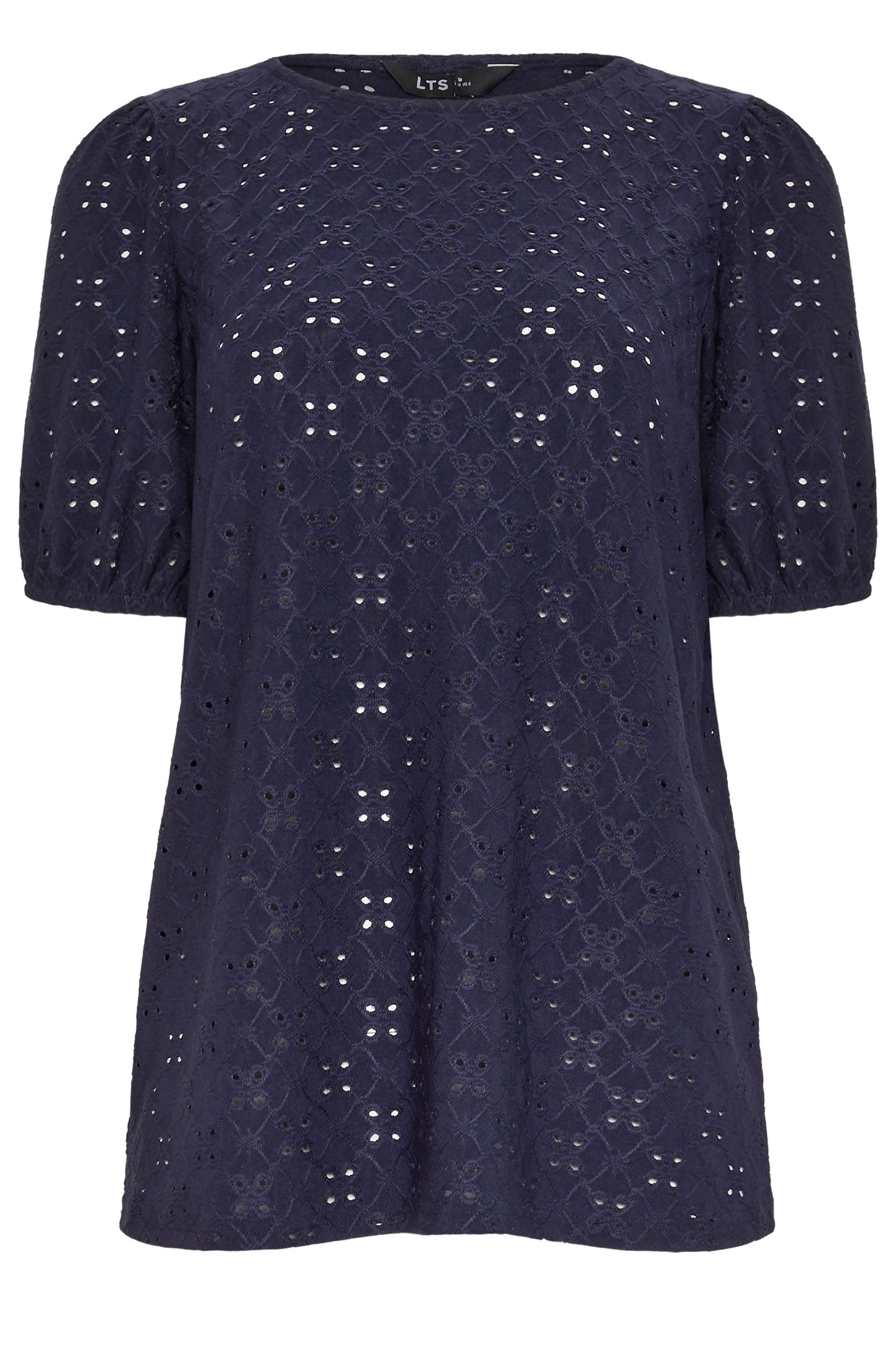 LTS Tall Women's Navy Blue Broderie Anglaise Puff Sleeve Top | Long Tall Sally 5