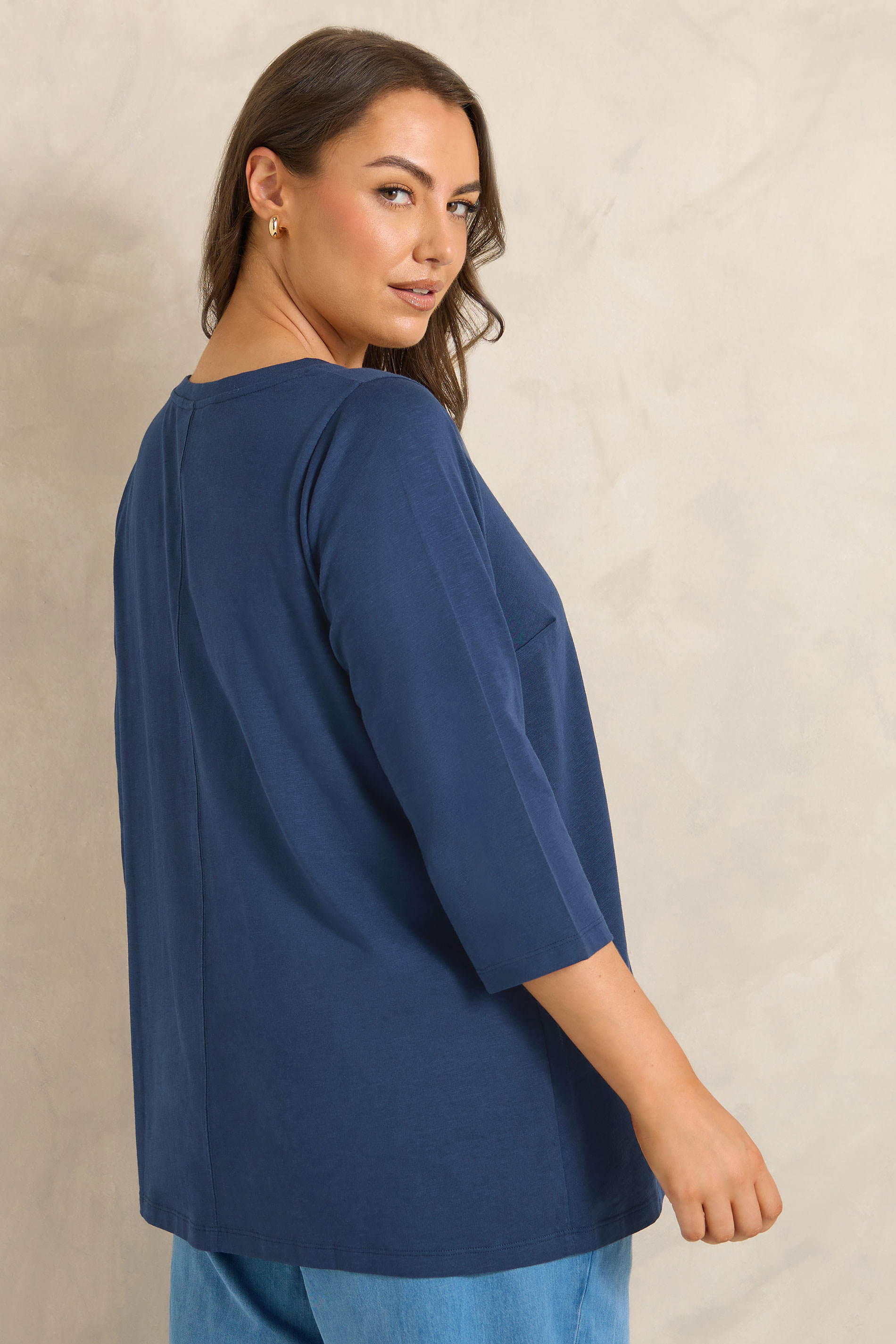 EVANS Plus Size Navy Blue V-Neck Cotton Top | Evans 2