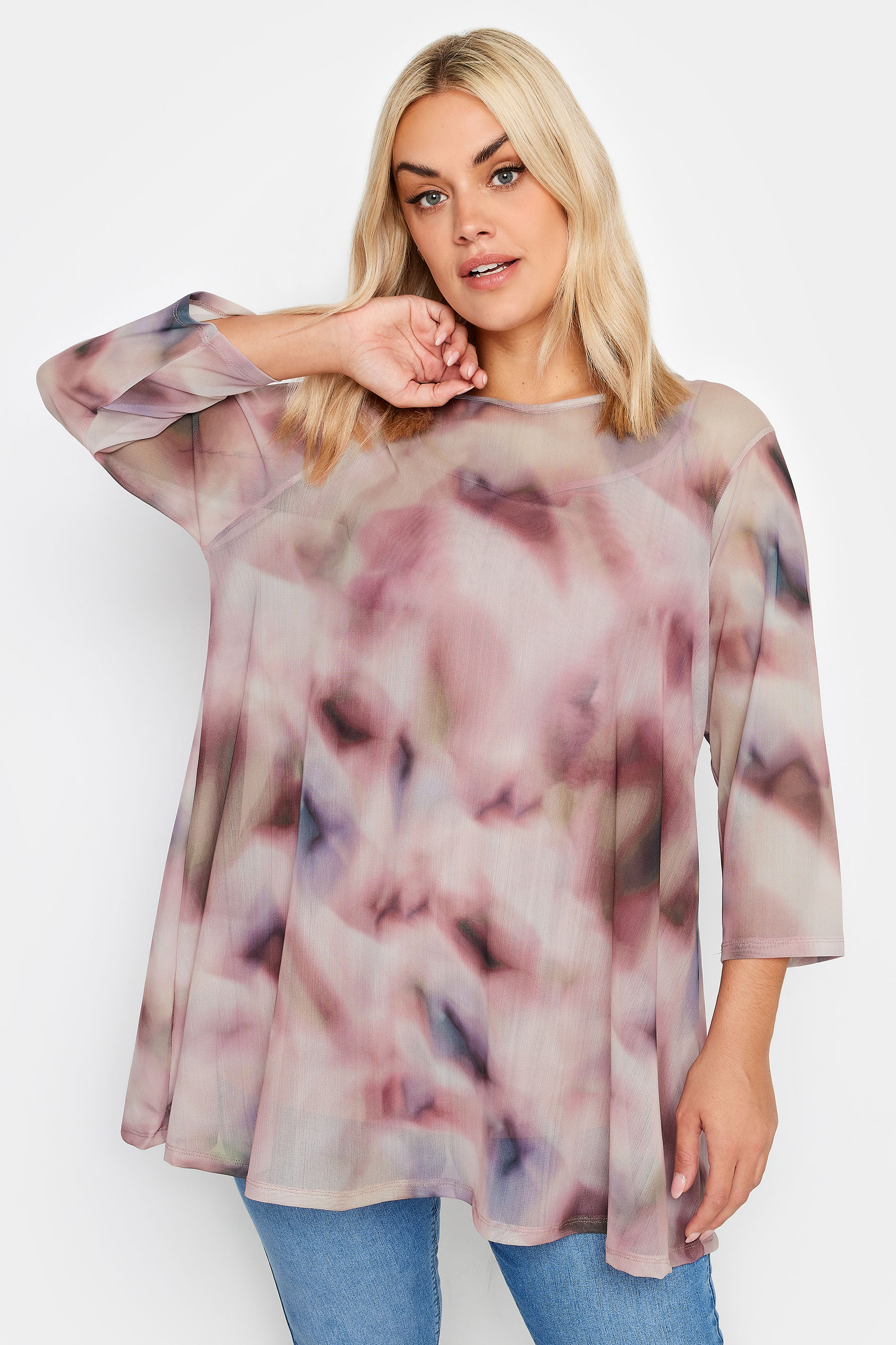 YOURS Plus Size Pink Abstract Print Mesh Layered Top | Yours Clothing 1