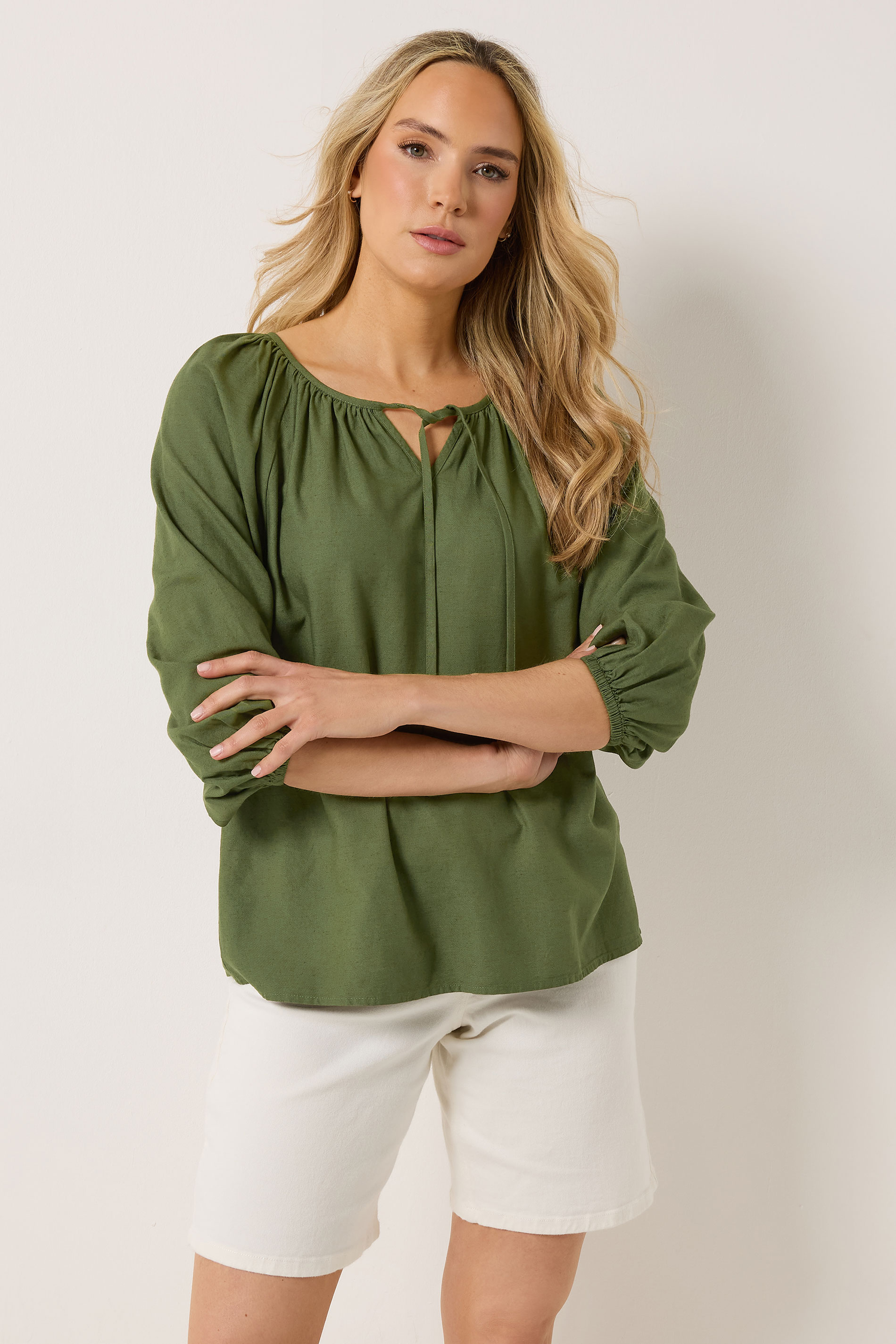 LTS Tall Women's Khaki Green Tie Front Linen Blouse | Long Tall Sally 2