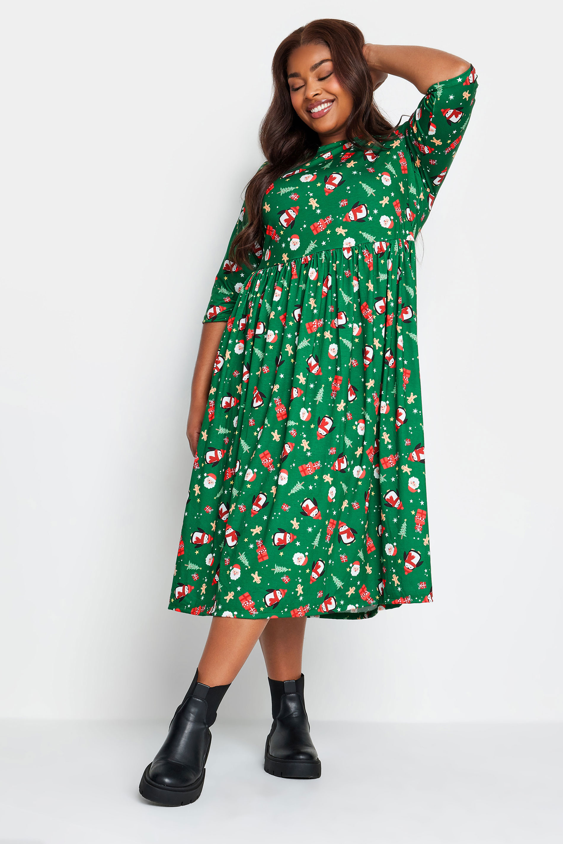LIMITED COLLECTION Plus Size Green Santa Print Christmas Smock Dress | Yours Clothing 1