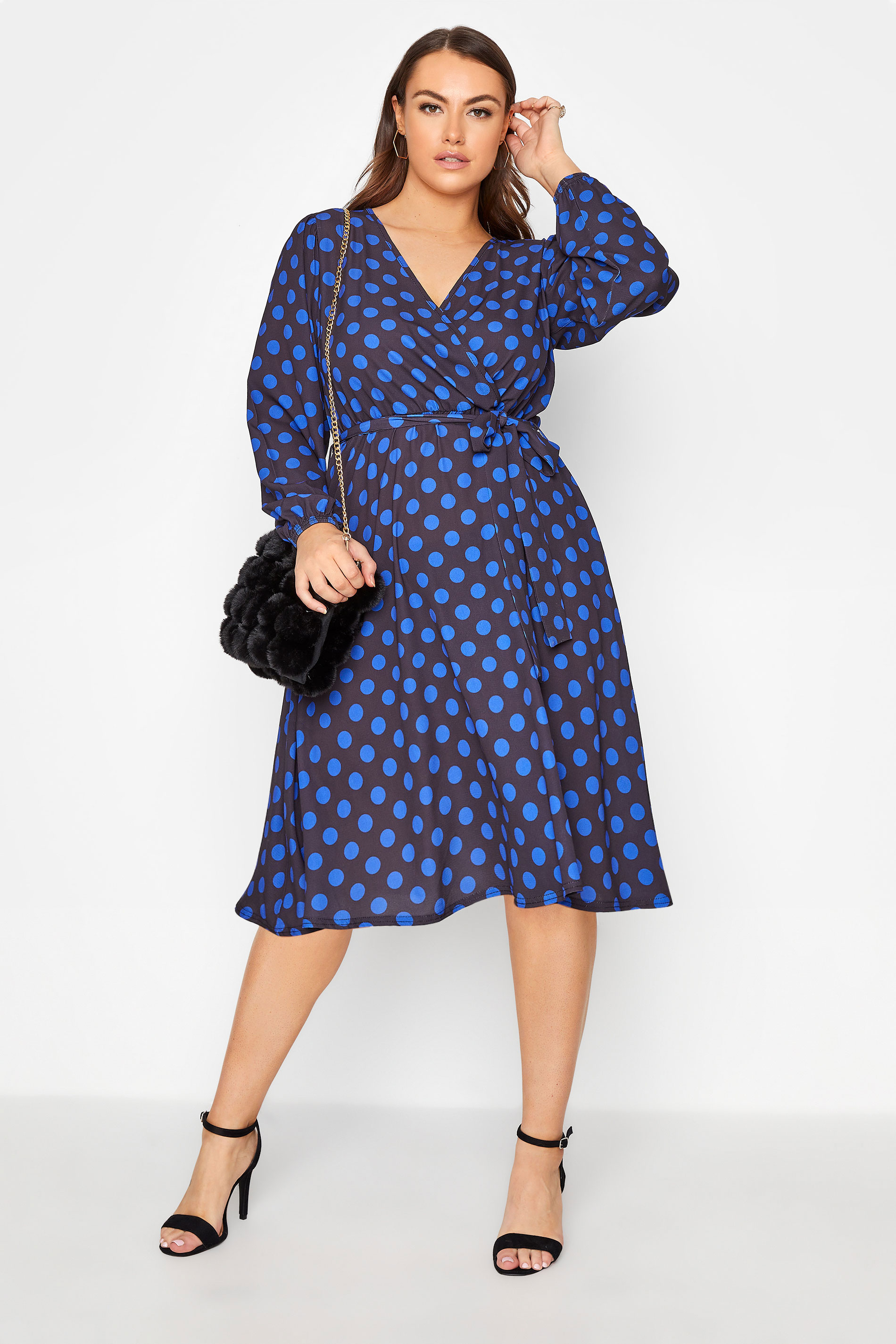 Robes Grande Taille Grande taille  Robes Portefeuilles | YOURS LONDON - Robe Bleue Marine à Pois Cache-Coeur - IR28147