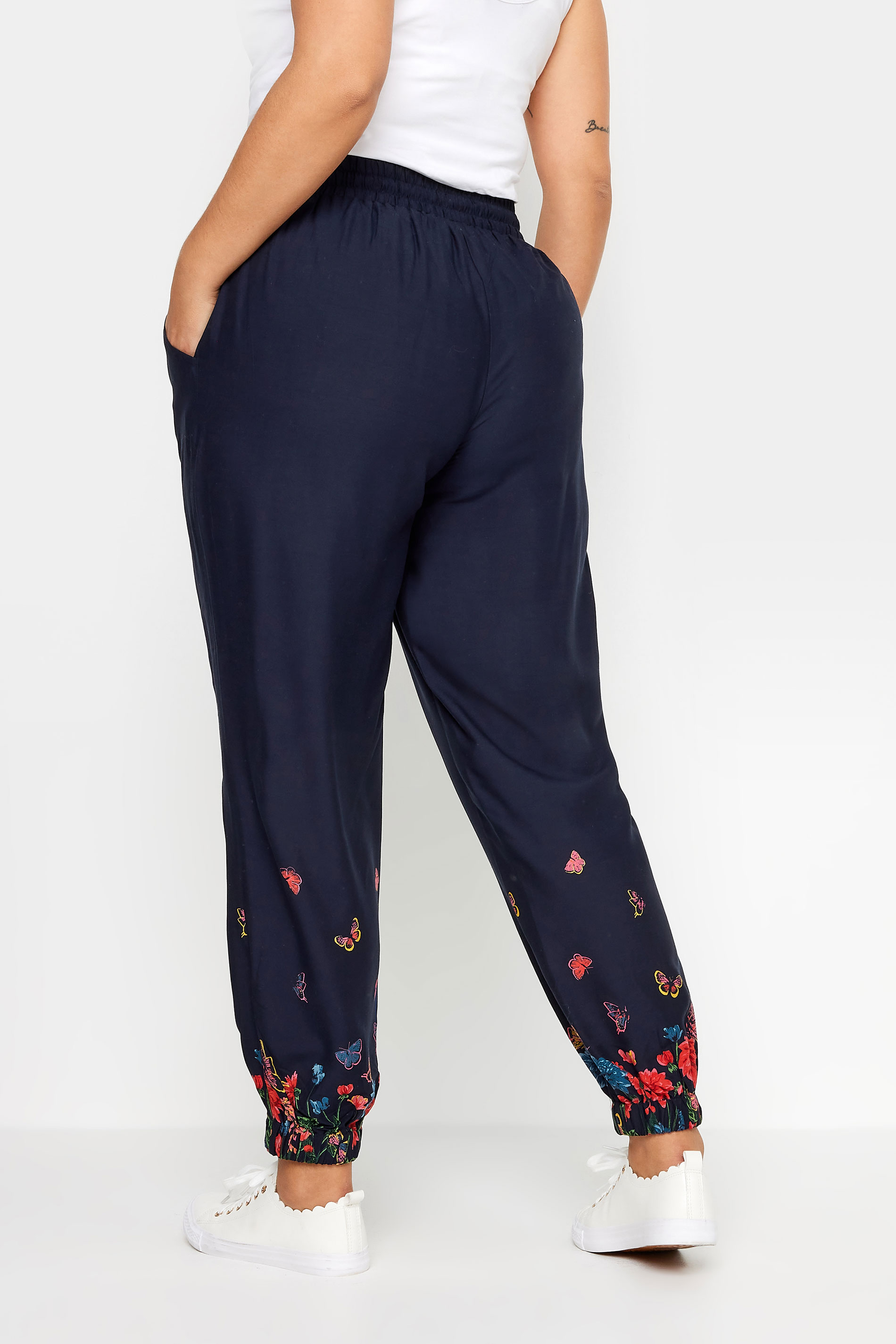 YOURS Plus Size Navy Blue Butterfly Print Border Joggers | Yours Clothing 3