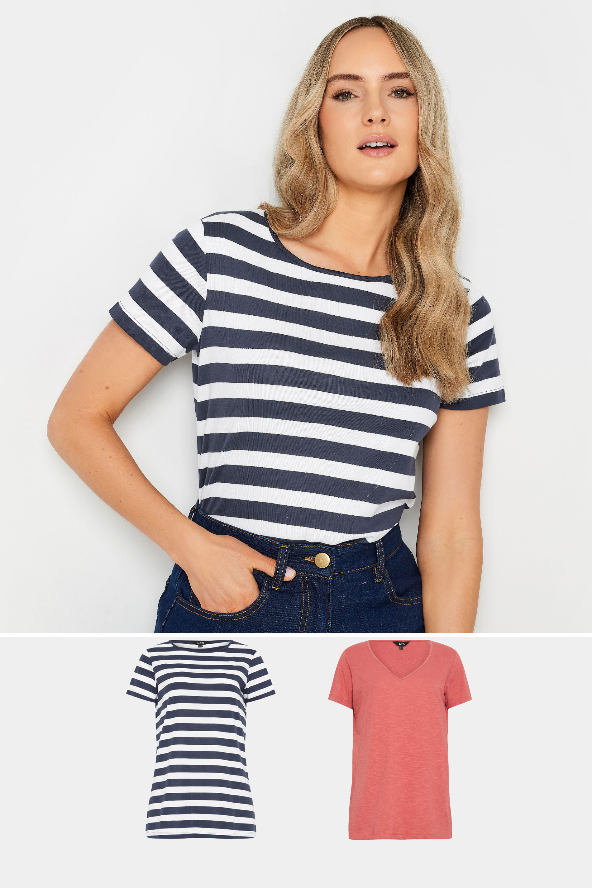 LTS Tall Womens 2 PACK Navy Blue & Coral Pink Stripe Short Sleeve T-Shirts | Long Tall Sally 1