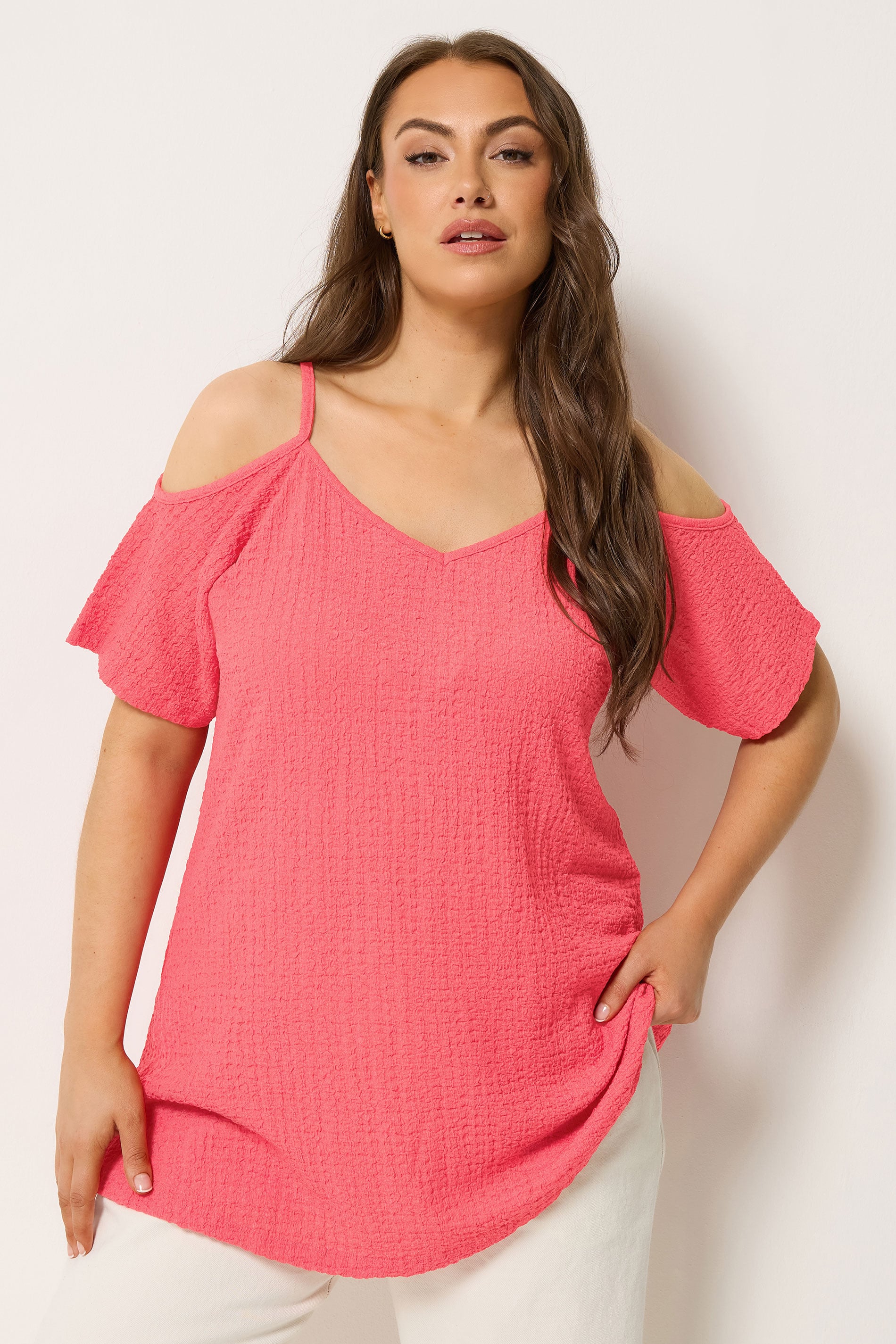 YOURS Plus Size Pink Textured Cold Shoulder Top | Yours Clothing 3