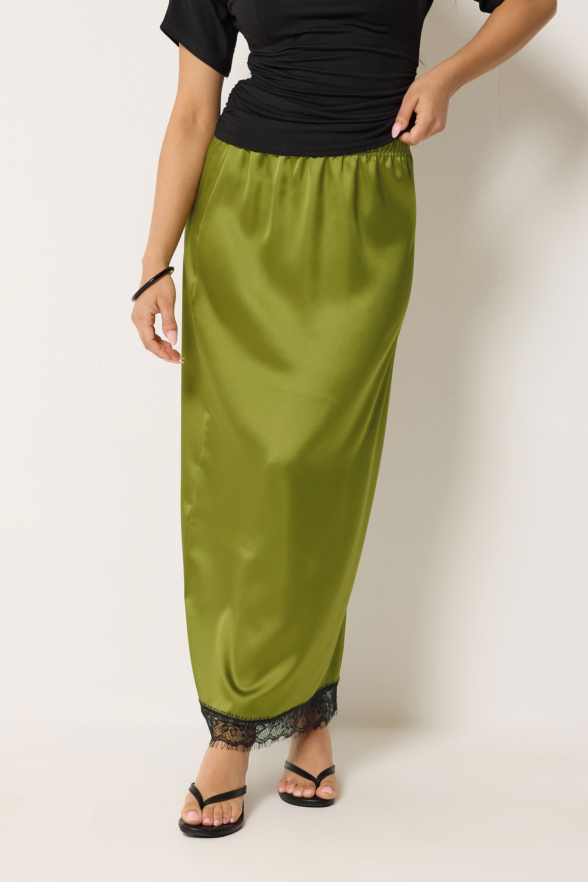 PixieGirl Petite Women's Olive Green Lace Hem Satin Maxi Skirt | PixieGirl 1