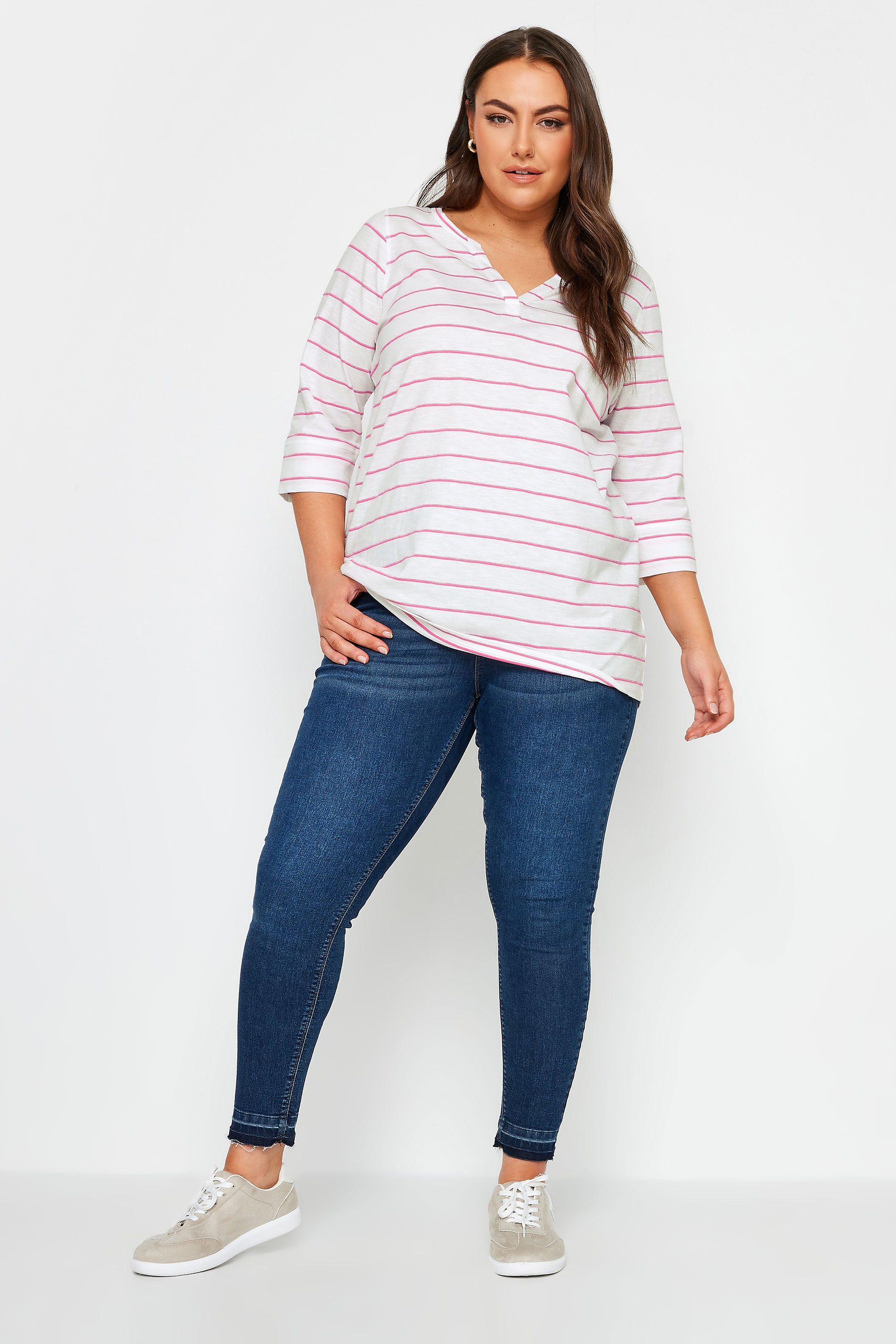 YOURS Plus Size White & Pink Stripe Notch Neck Top | Yours Clothing 2