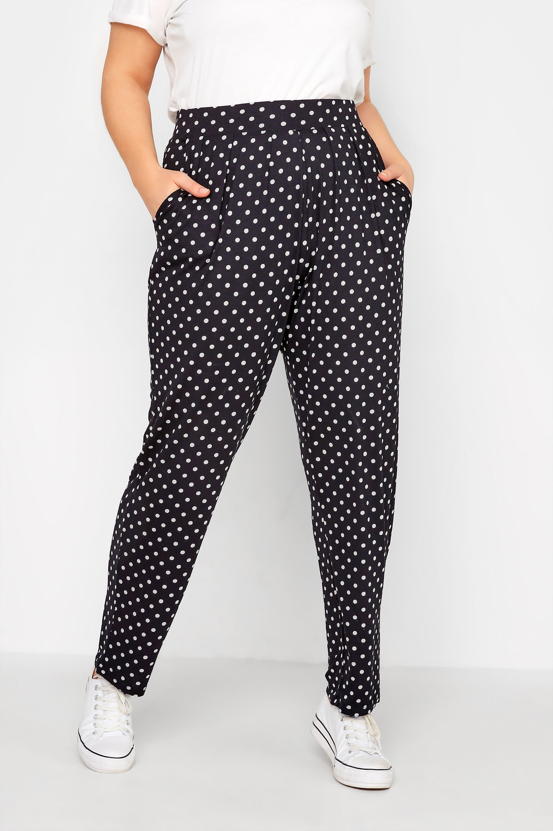 Plus Size Black Spot Print Trousers | Yours Clothing 1