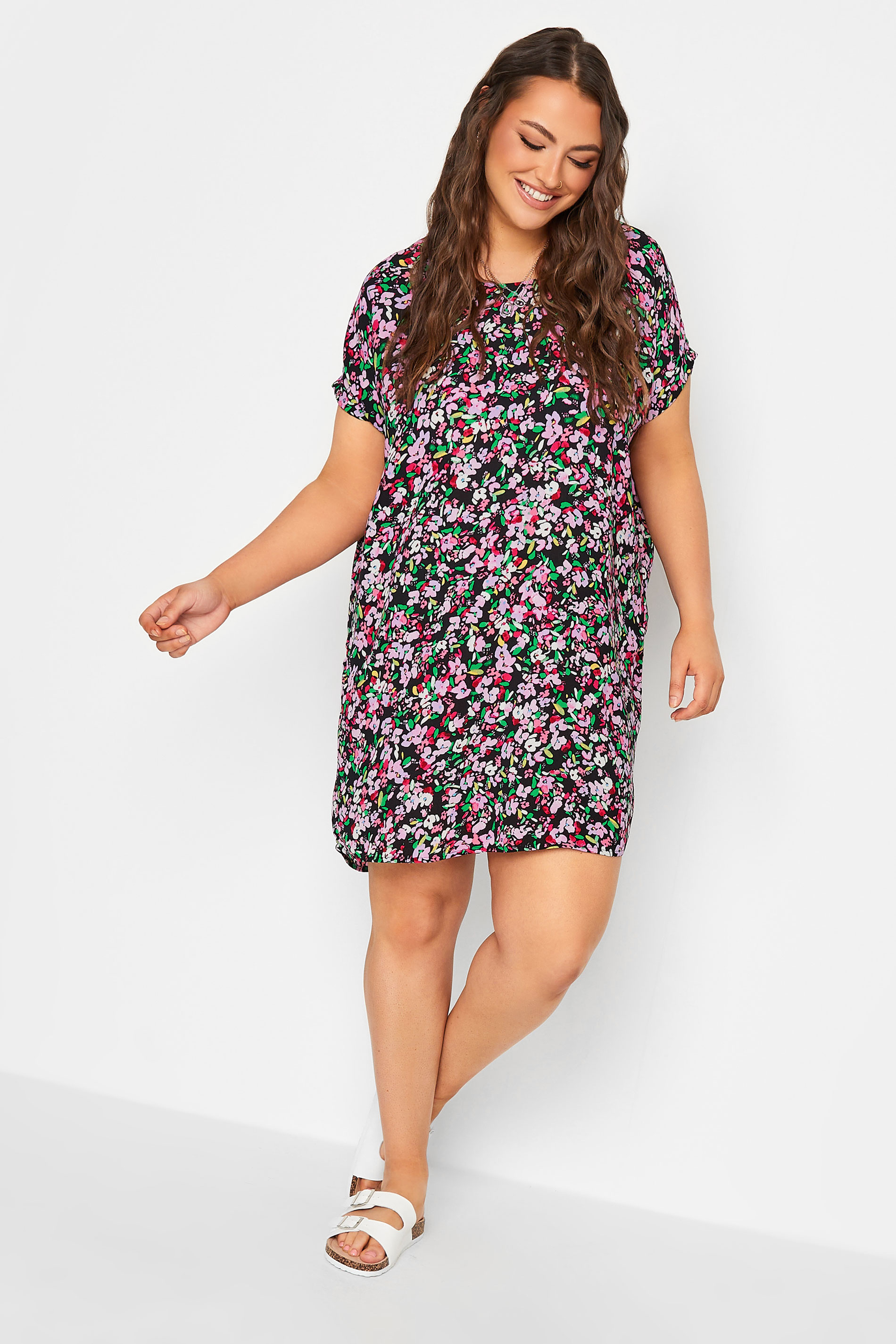 YOURS Plus Size Black & Pink Floral Print Shift Dress | Yours Clothing 1