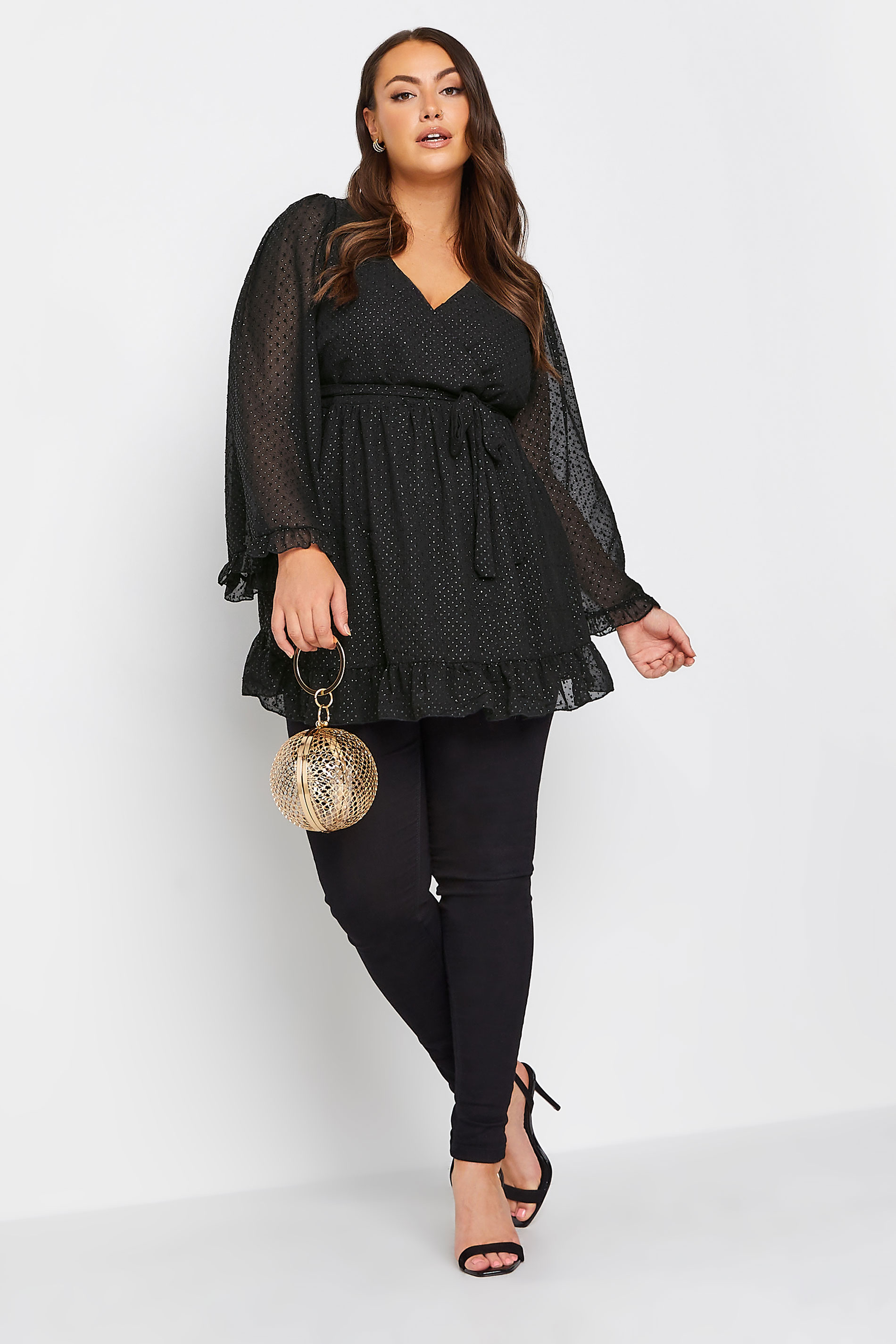 YOURS LONDON Plus Size Black Metallic Dobby Wrap Top | Yours Clothing 2