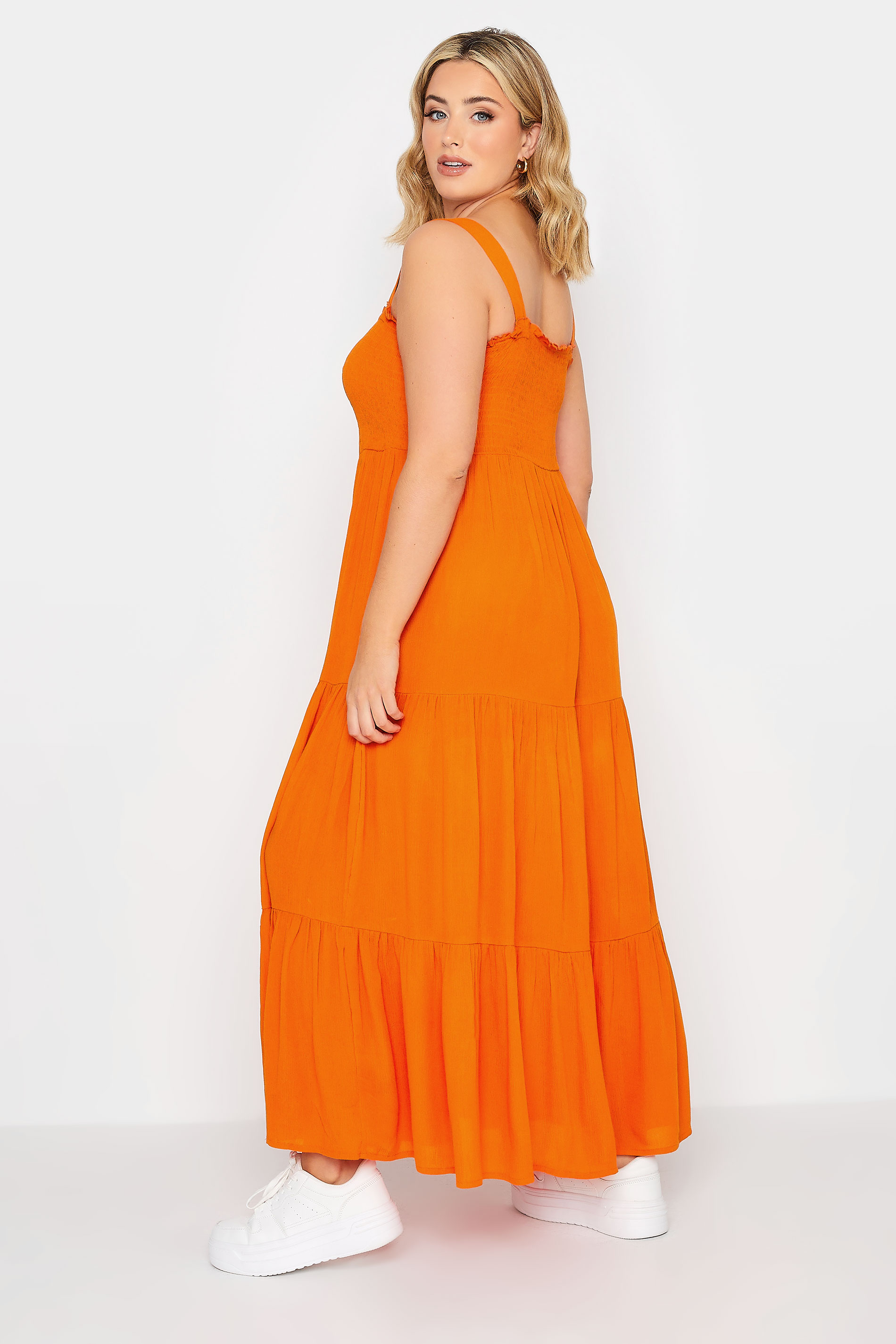 YOURS Plus Size Orange Shirred Strappy Sundress | Yours Clothing