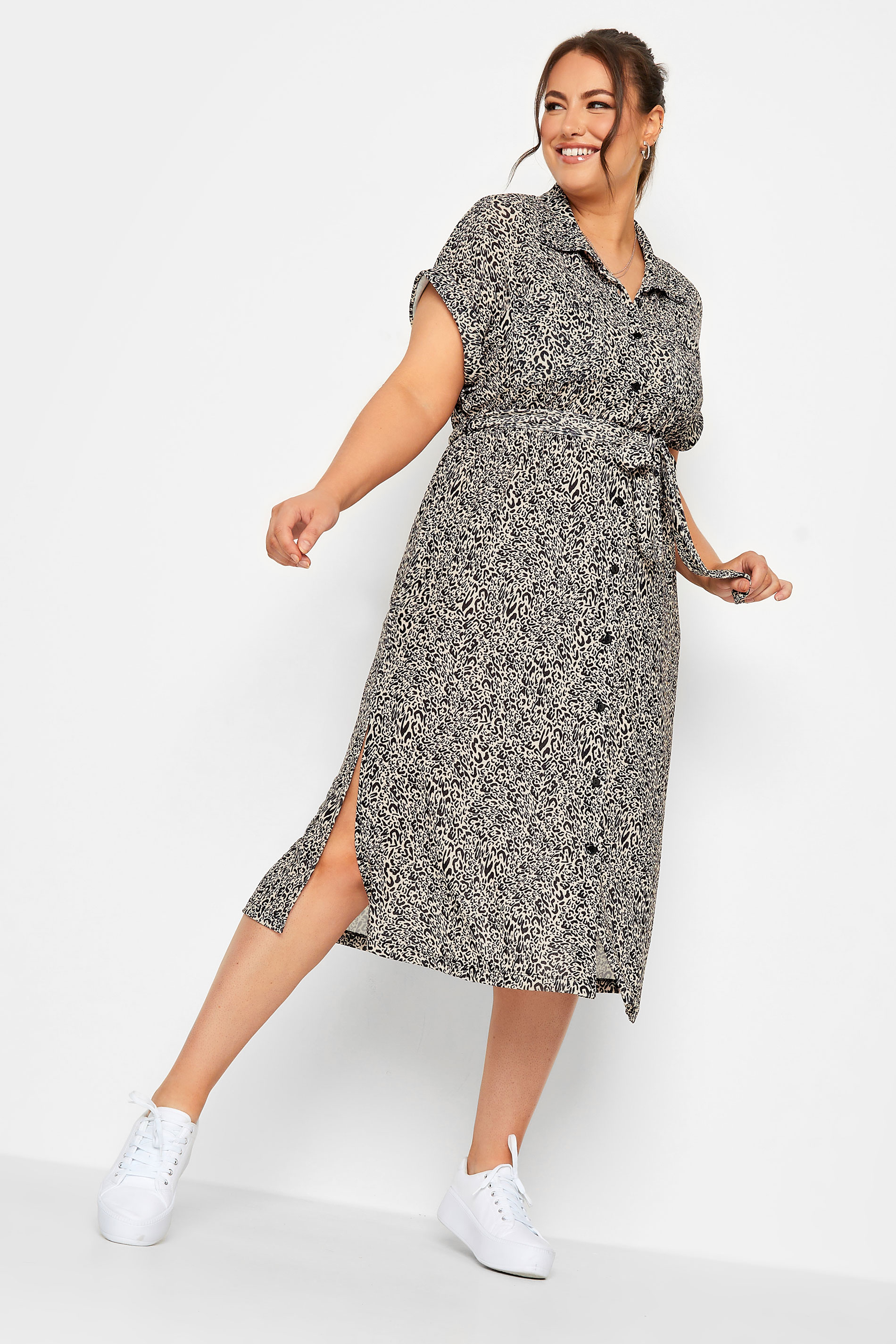 Plus Size Beige Brown Animal Print Spilt Hem Midaxi Shirt Dress | Yours Clothing 1