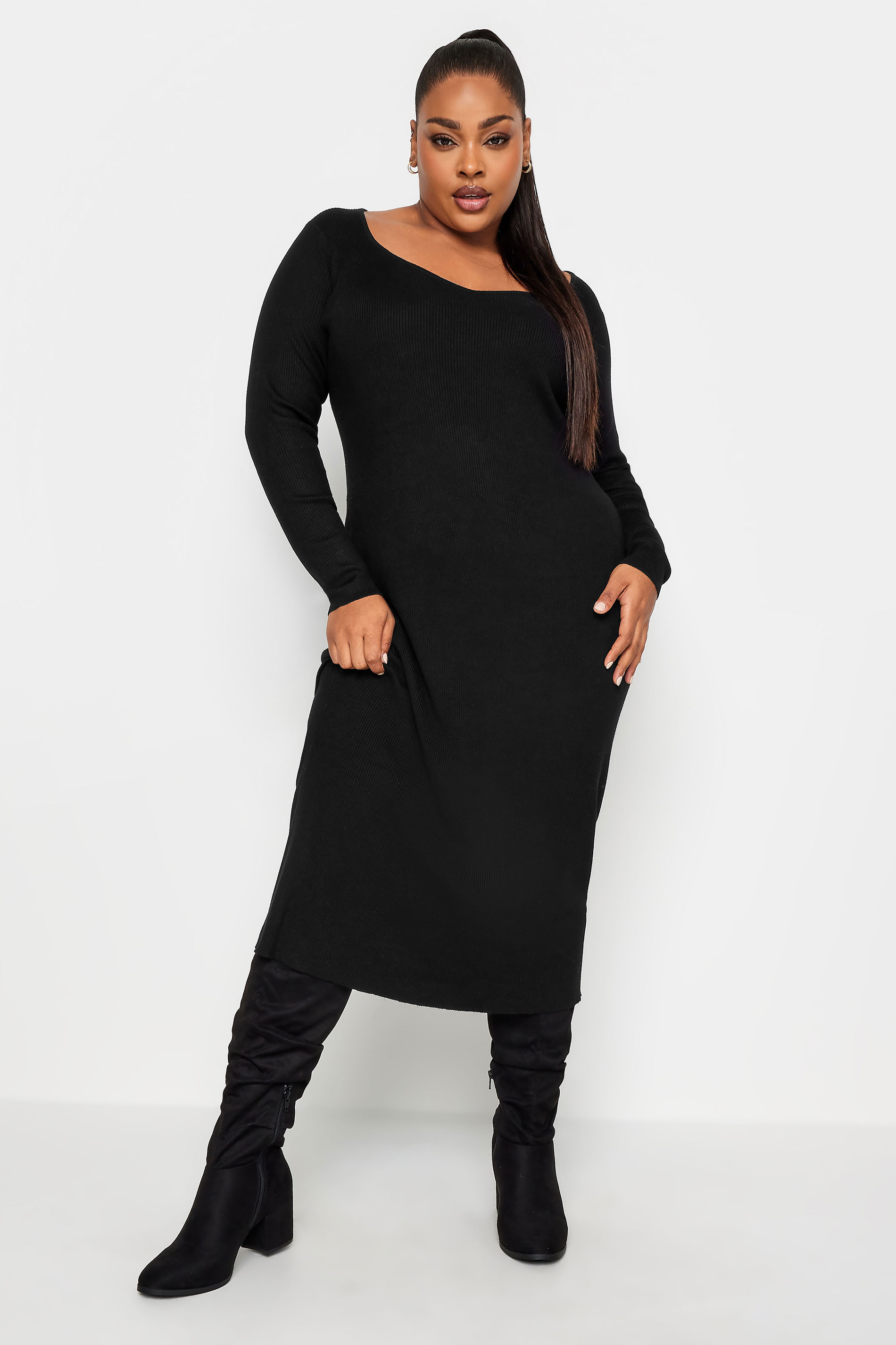 YOURS Plus Size Black Sweetheart Neck Midi Jumper Dress | Yours Clothing 1