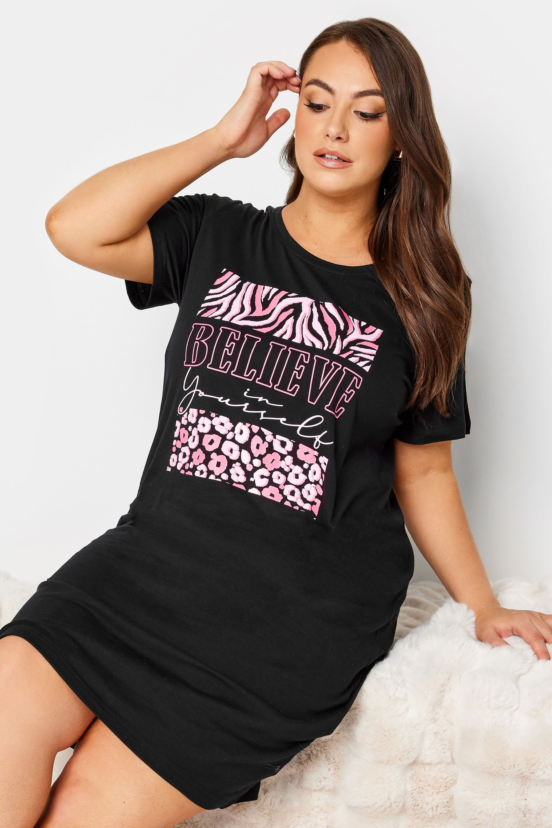 YOURS Plus Size Black Animal Print 'Believe' Slogan Nightdress | Yours Clothing 2
