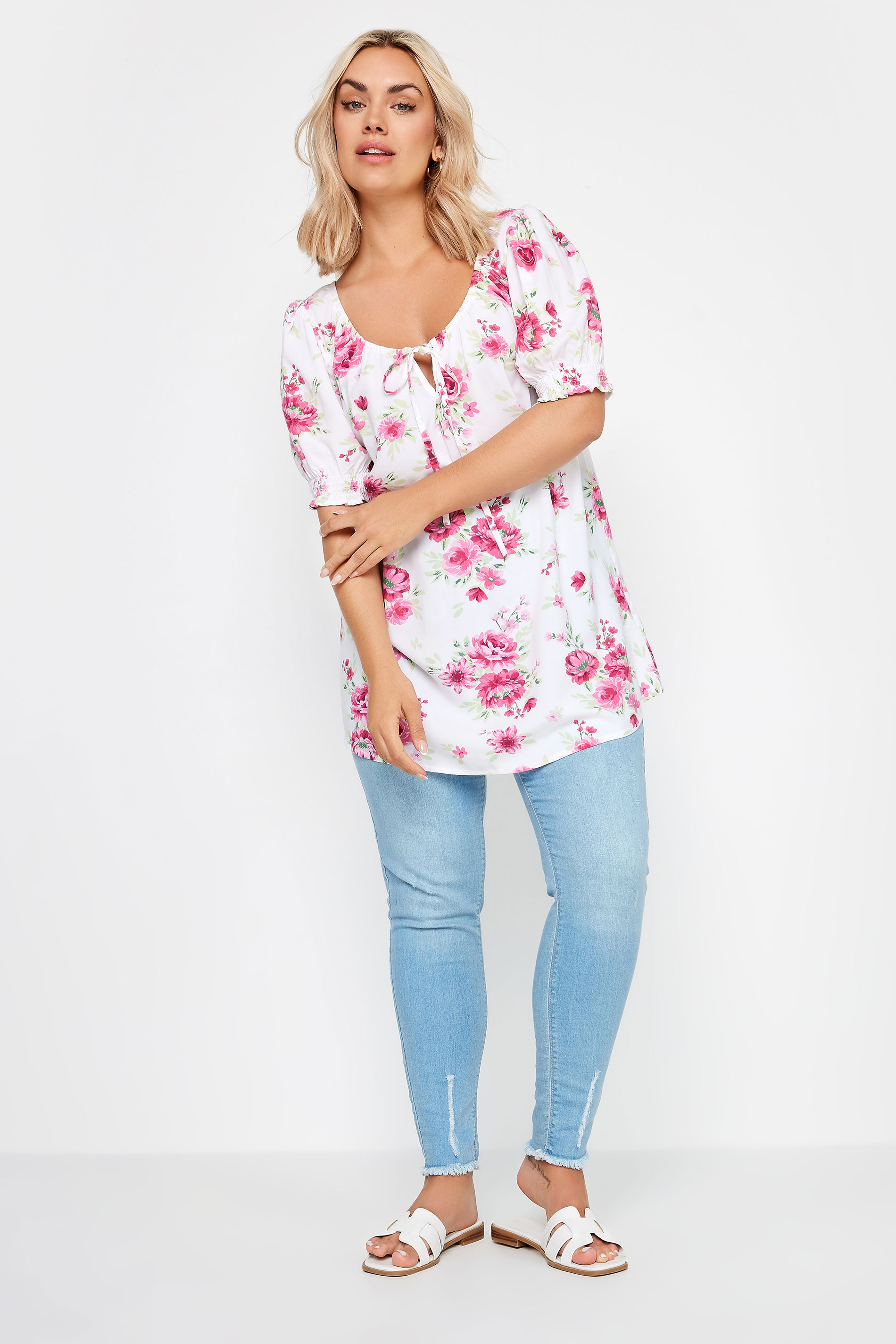 YOURS Plus Size White & Pink Floral Print Tie Neck Top | Yours Clothing 2