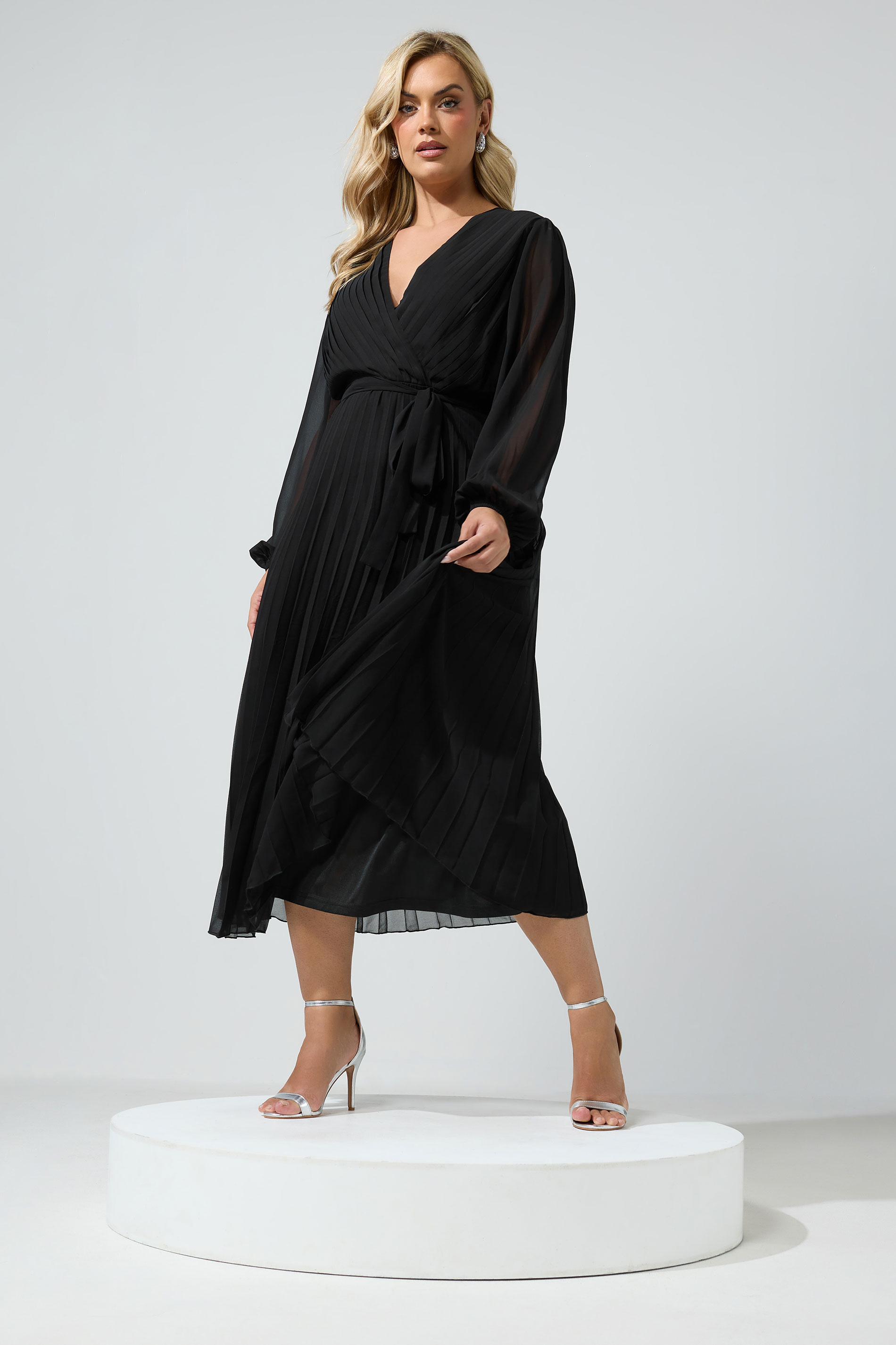 Yours London Zwarte Geplooide Wikkeljurk Met Lange Mouwen Size 40