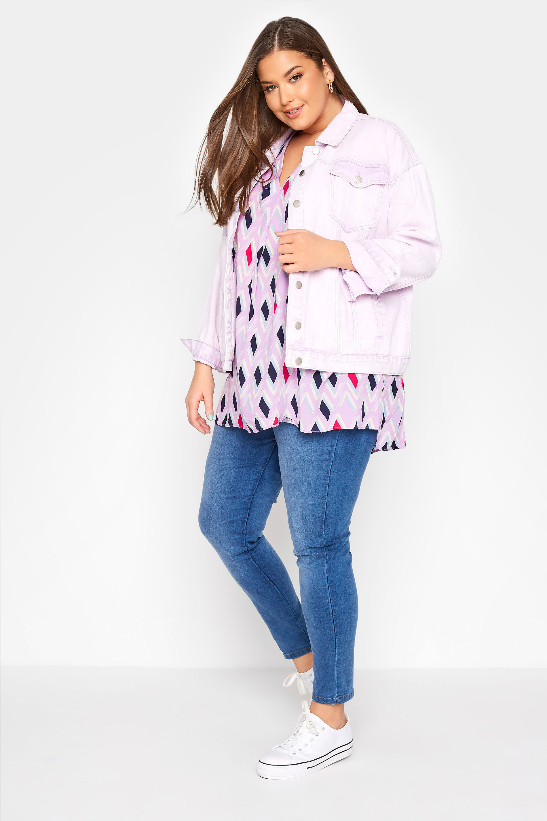 Grande taille  Tops Grande taille  Blouses & Chemisiers | Curve Lilac Purple Geometric V-Neck Pleated Front Shirt - PS67803
